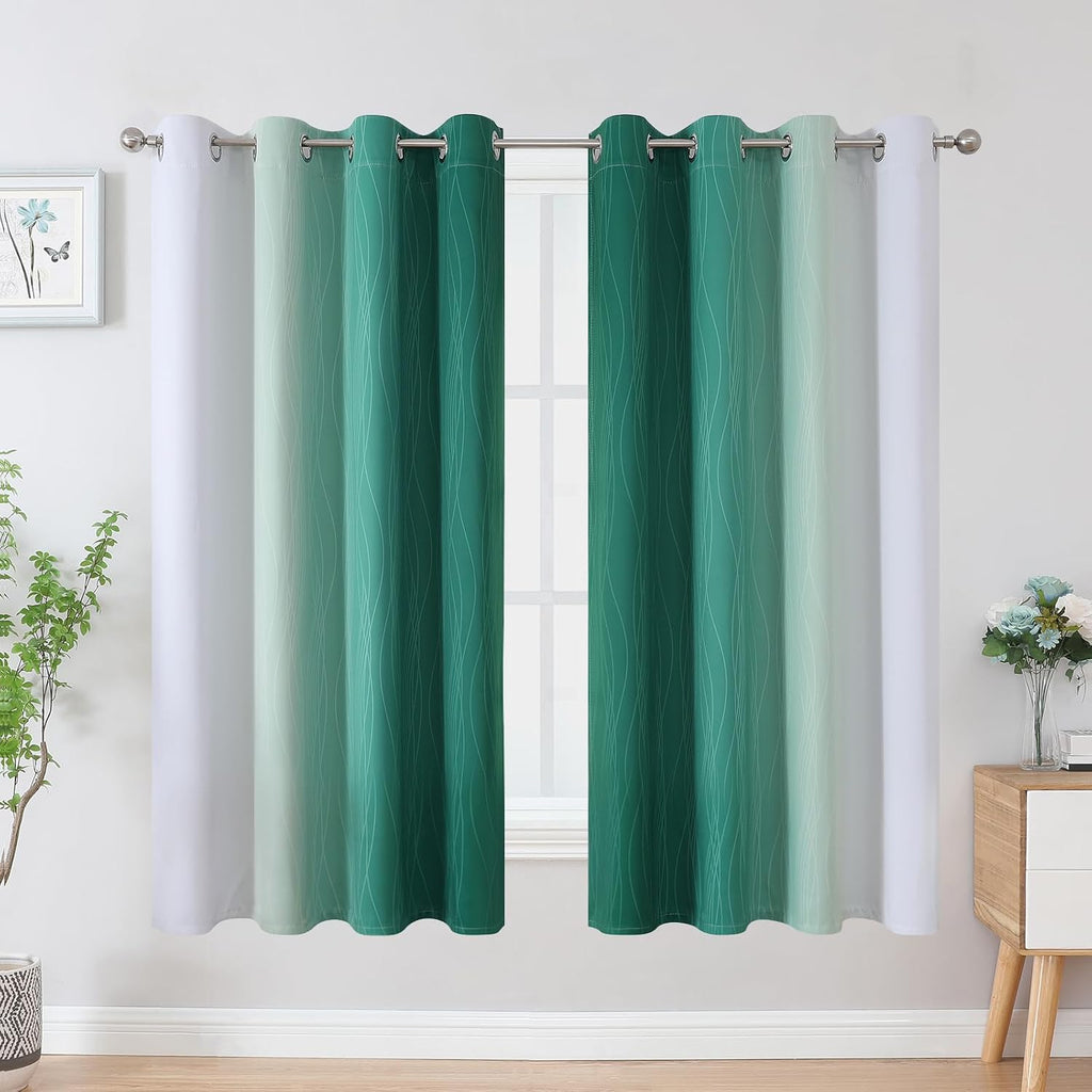 Estelartextiler Estelar Textiler Green and Greyish White Blackout Curtains for Kids Room, Full Room Darkening Grommet Ombre Curtains for Be…