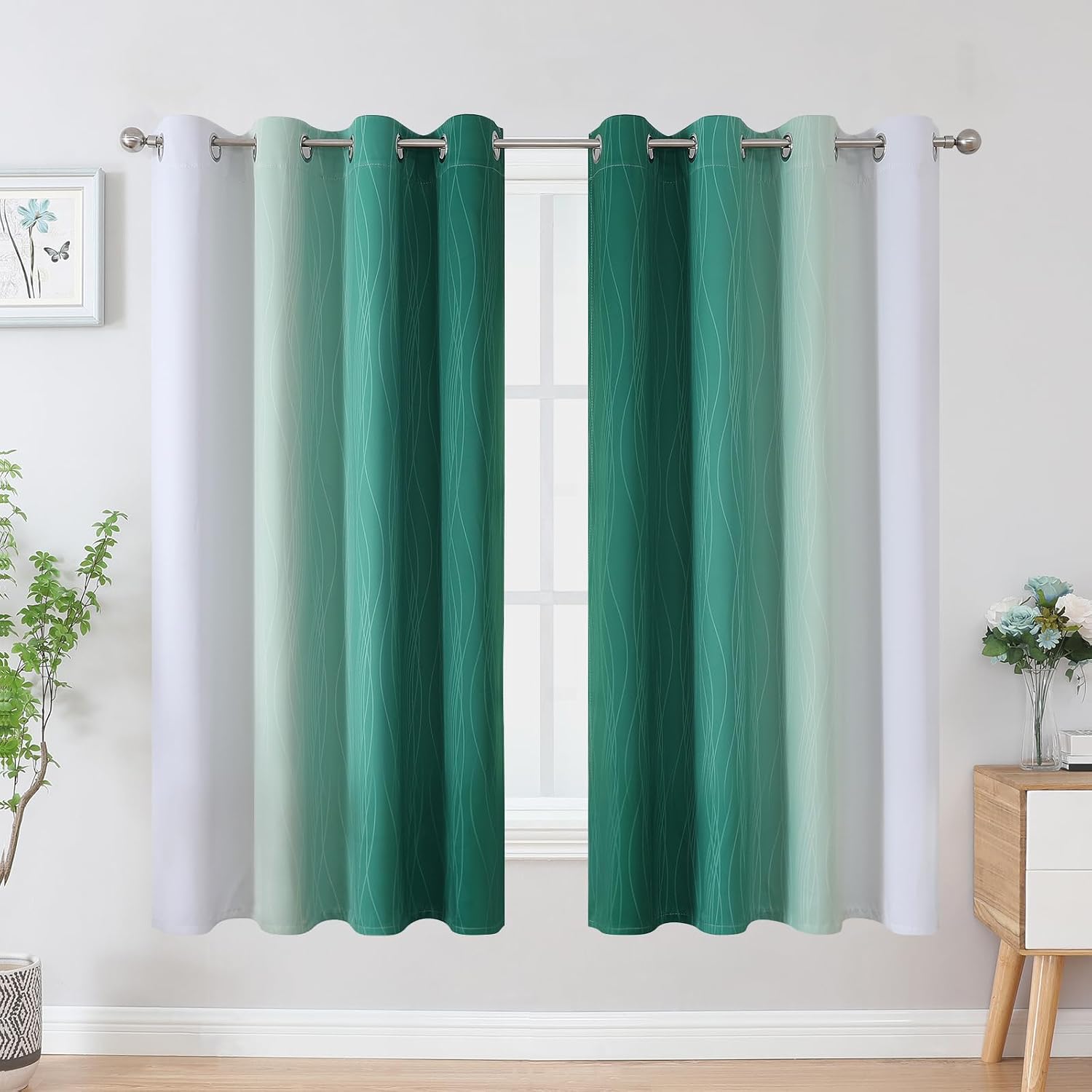 Estelartextiler Estelar Textiler Green and Greyish White Blackout Curtains for Kids Room, Full Room Darkening Grommet Ombre Curtains for Be…