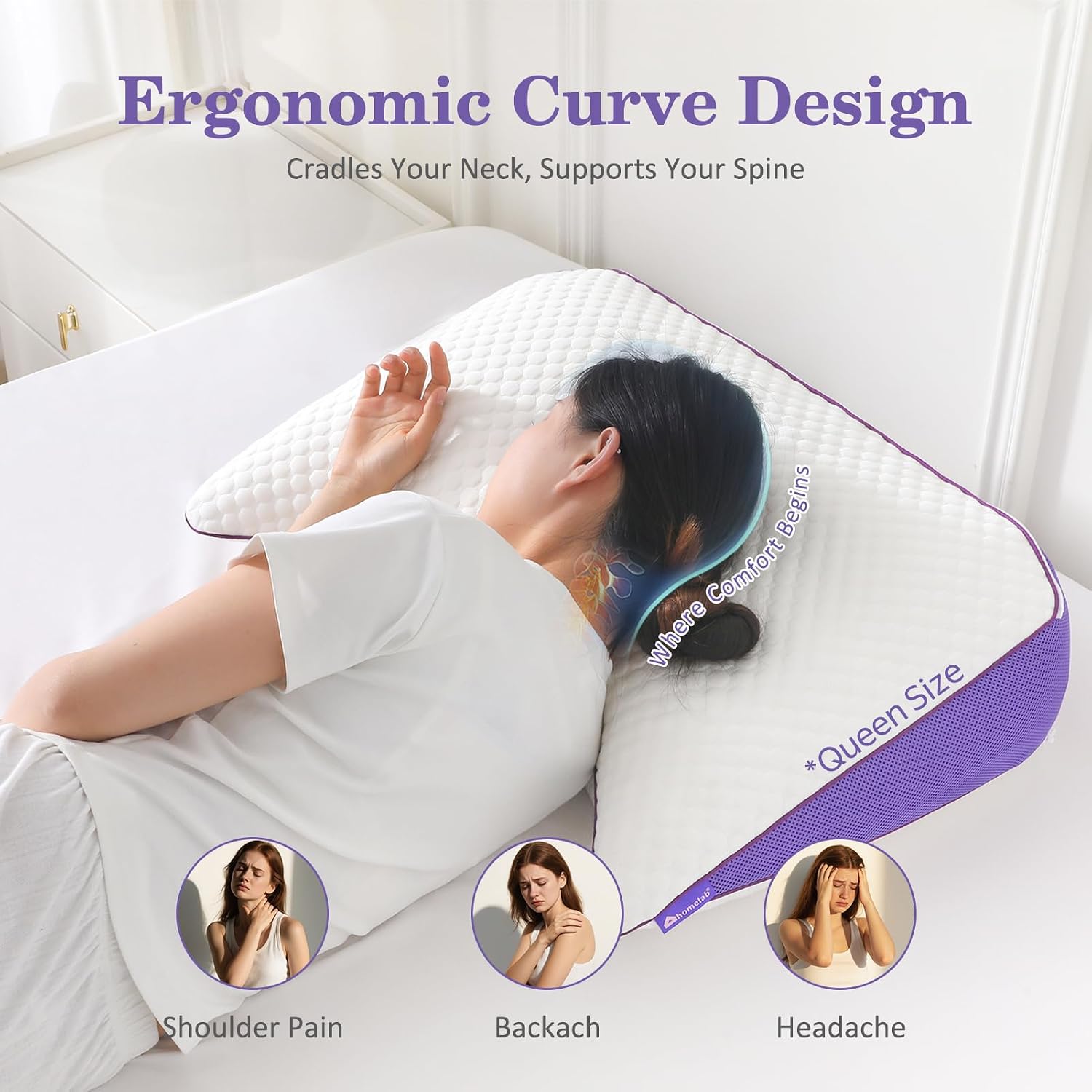 Homelab Adjustable Crescent Shredded Memory Foam Pillows King Size, Cooling Bed Pillows for Sleeping with Removable Cover, 1 Pack Medium Pi…