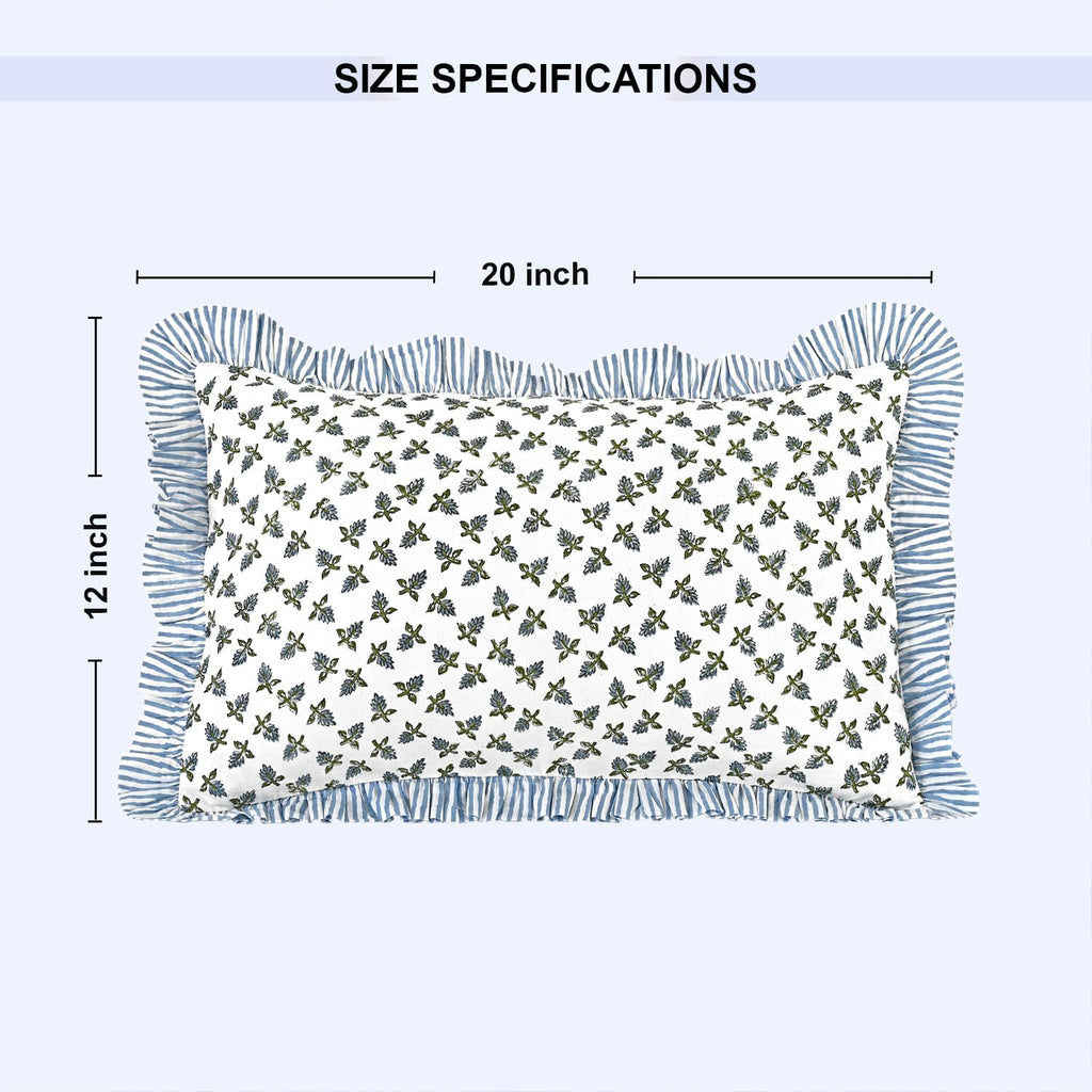 Ridhi Block Print Baby Blossoms 20"x12" Set 1-100% Cotton Ruffle Lumbar Sham Cover Boho Floral Pillowcase, Farmhouse Cottagecore Bedding…