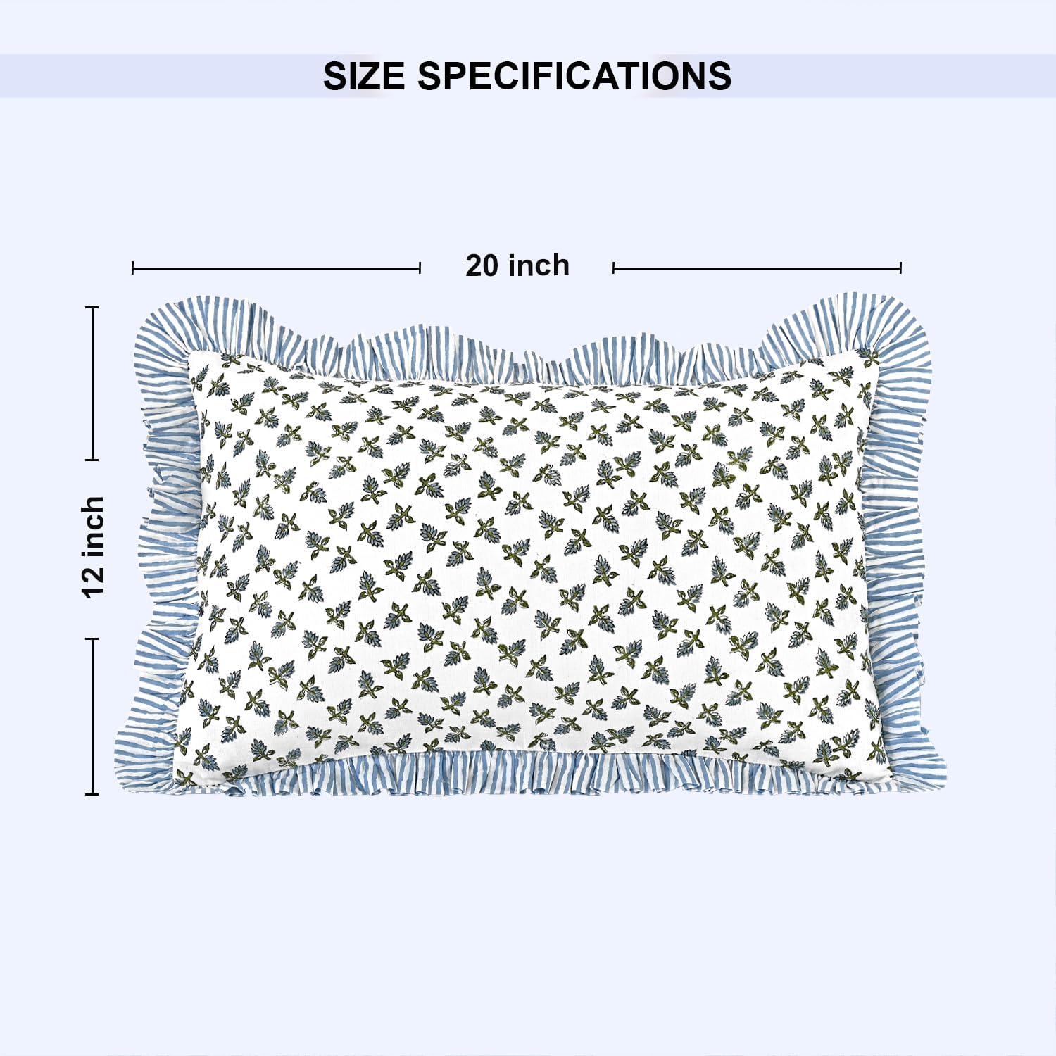 Ridhi Block Print Baby Blossoms 20"x12" Set 1-100% Cotton Ruffle Lumbar Sham Cover Boho Floral Pillowcase, Farmhouse Cottagecore Bedding…