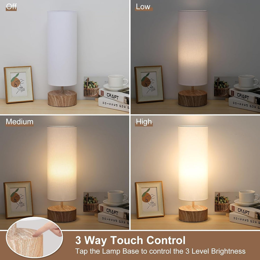 Touch Table Lamp with Metal Base Covered with Wood Grain, 3 Way Dimmable Bedside Nightstand Lamp with White Shade, Simple Night Light for…