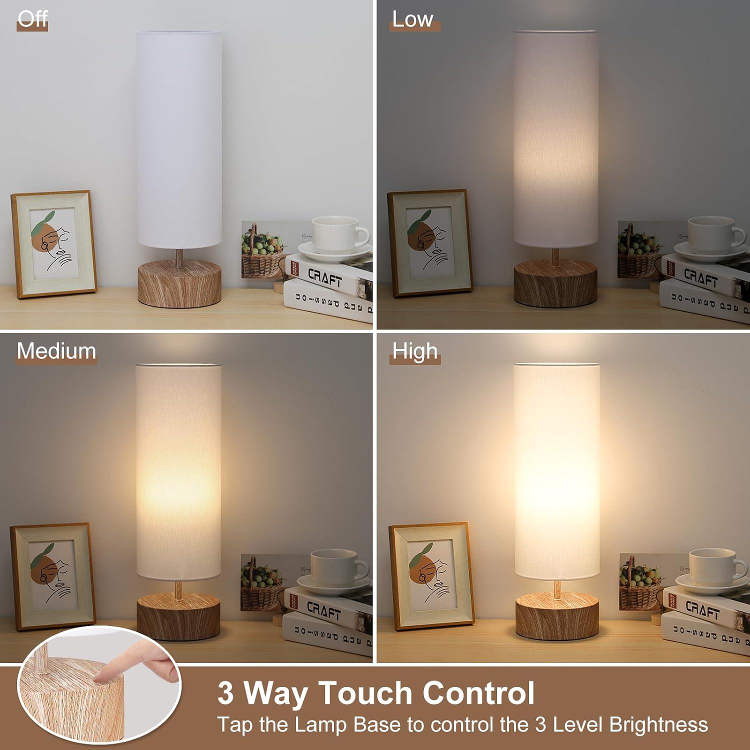 Touch Table Lamp with Metal Base Covered with Wood Grain, 3 Way Dimmable Bedside Nightstand Lamp with White Shade, Simple Night Light for…