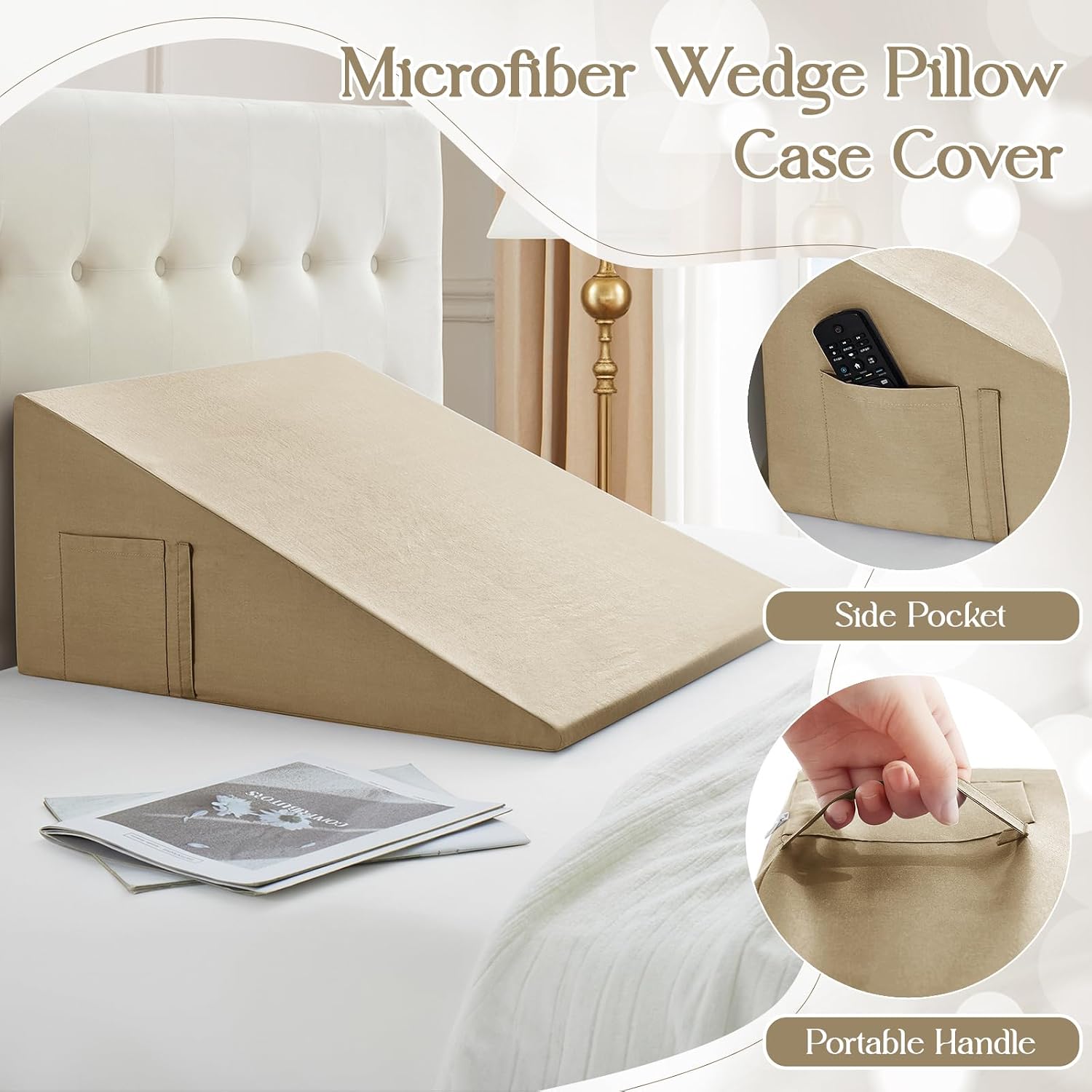 Cotton Wedge Pillow Cover for 24" x 24" x 7.5" Wedge Bed Pillow, Zippered Wedge Pillow Case Protector with Side Pocket, Beige (Pillow Not…