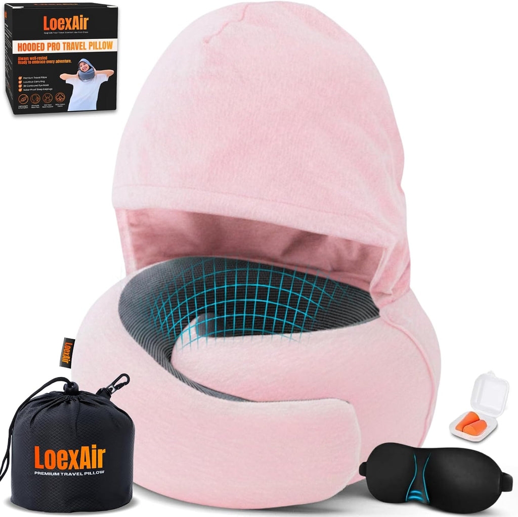 LOEXAIRTM Hooded Pro Travel Pillow - Memory Foam Neck Support Pillow for Airplane, Flight - Super-Soft Pure Cotton Fabric, Maximum Privacy…