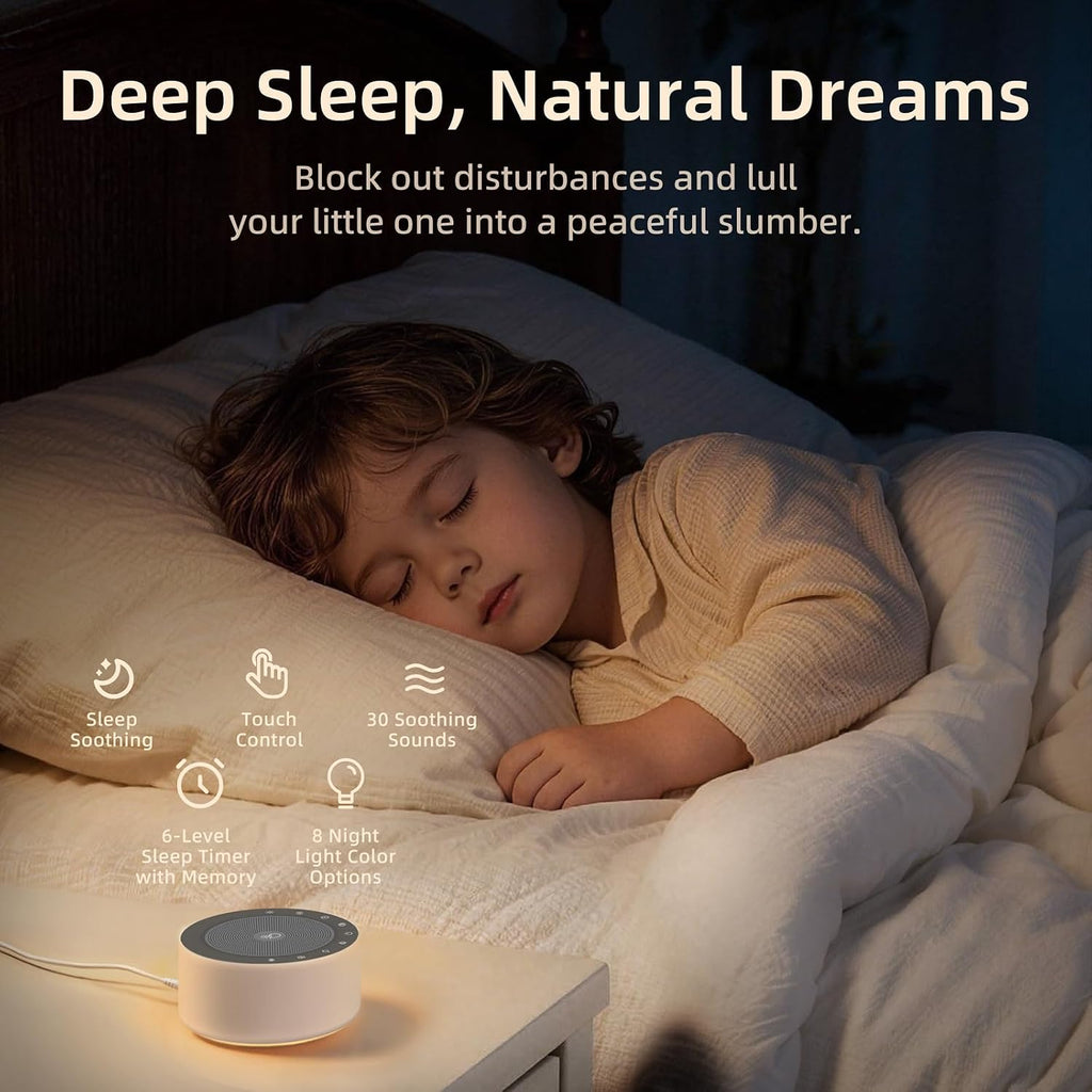 Kipcush White Noise Machine - Soft Non-Glare Nursery Lamp, 30 Soothing Sounds, 8 Color Lights, Max 8-Hour Timer for Baby & Adults (White…
