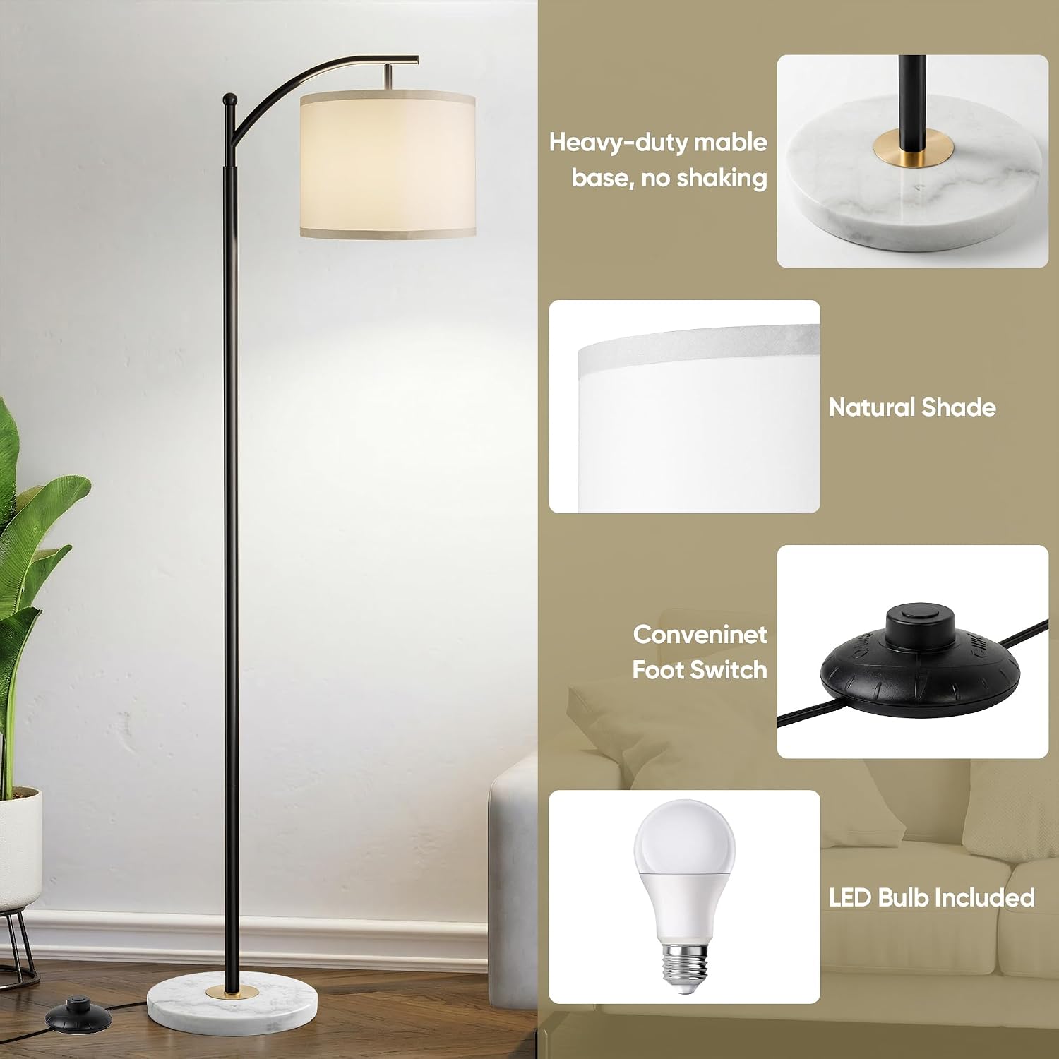 Floor Lamp for Living Room with Marble Base, Modern Standing Lamp with 3 Color Temperatures Bulb & Adjustable Linen Shade, Tall Lamp for…