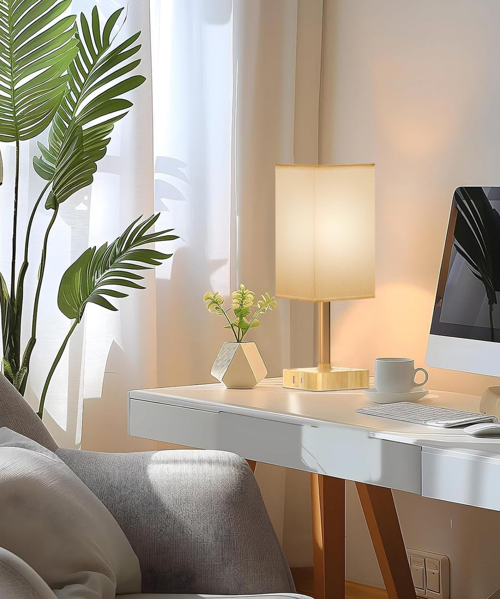cozoo USB Bedside Table Desk Lamp with 2 USB Charging Ports and 2 AC Outlets, Dimmable Nightstand Lamp with Charger Base White Fabric…