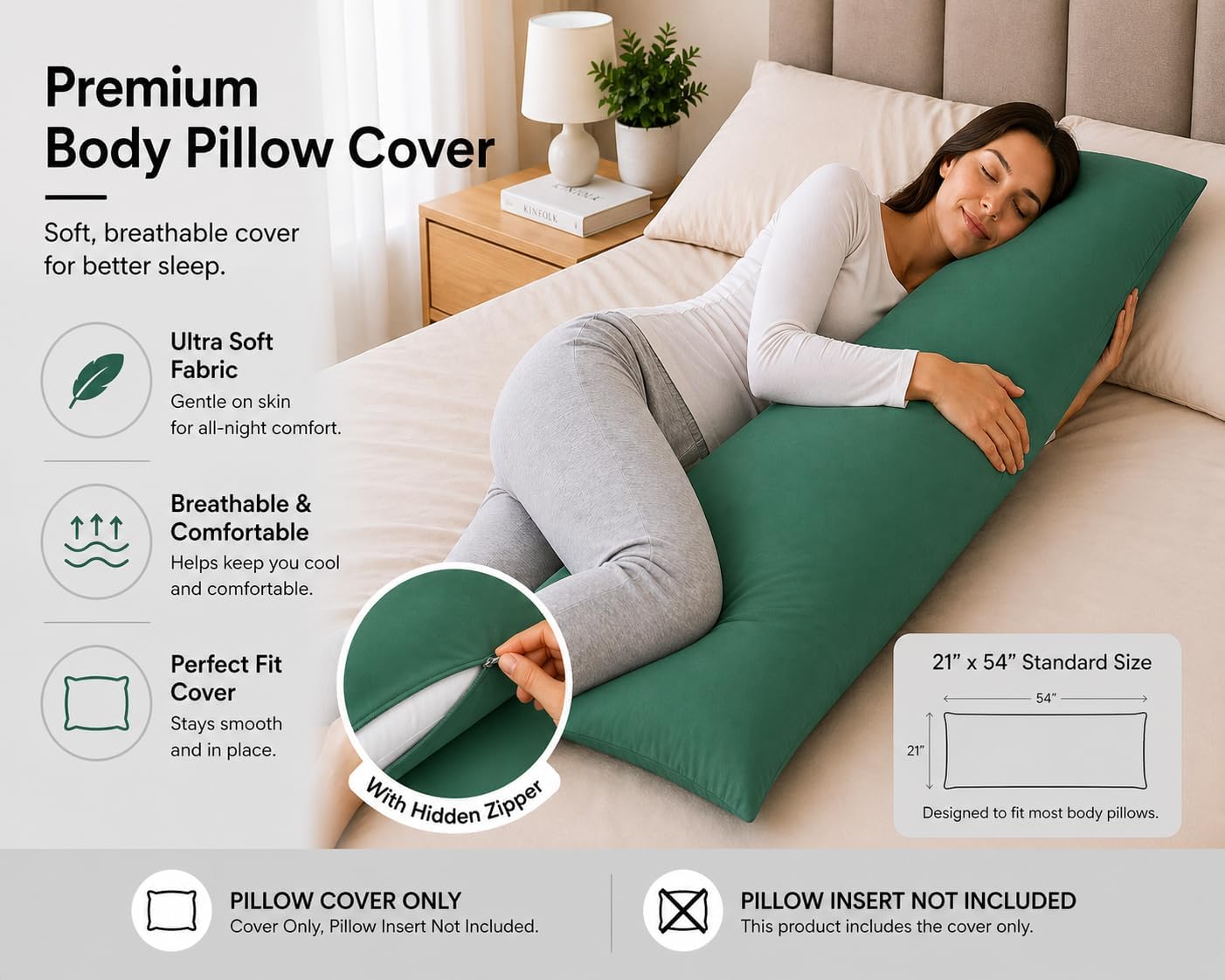 Evolive Ultra Soft Microfiber Body Pillow Cover/Pillowcases 21"x54" with Hidden Zipper Closure (21"x54" Body Pillow Cover, Evergreen)