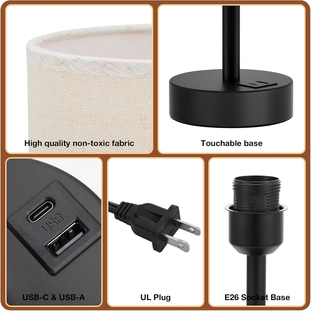 Dicoool Beige Touch Lamp for Bedroom with USB - 3 Way Dimmable Table Lamp for Nightstand, Small Lamp with Black Charging Station for Desk…