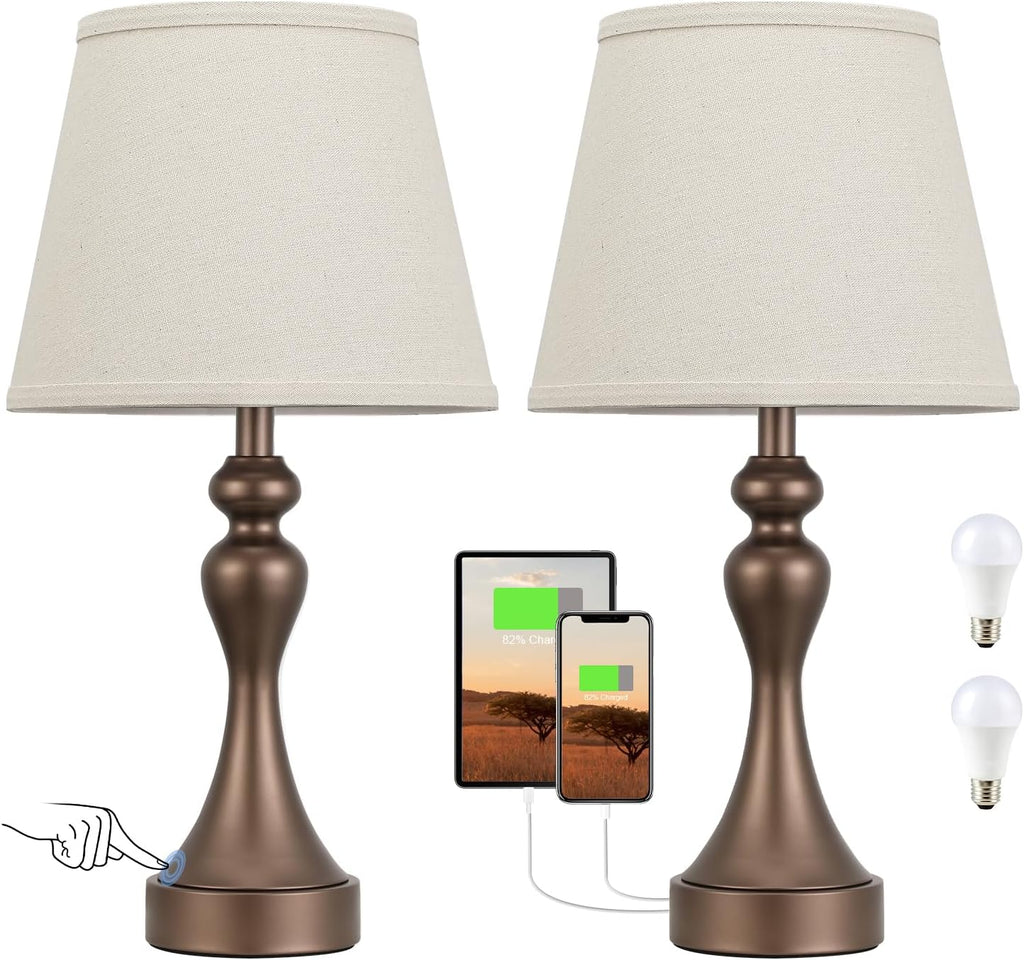 Seealle Touch Lamps for Nightstand - Bedside Lamps Set of 2, 3 Way Dimmable, USB C+A for Bedroom & End Tables (Brown&Oat)