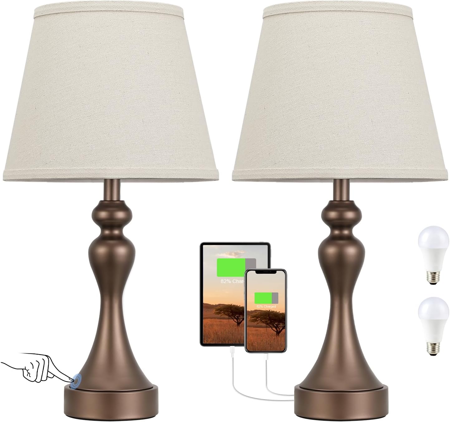 Seealle Touch Lamps for Nightstand - Bedside Lamps Set of 2, 3 Way Dimmable, USB C+A for Bedroom & End Tables (Brown&Oat)