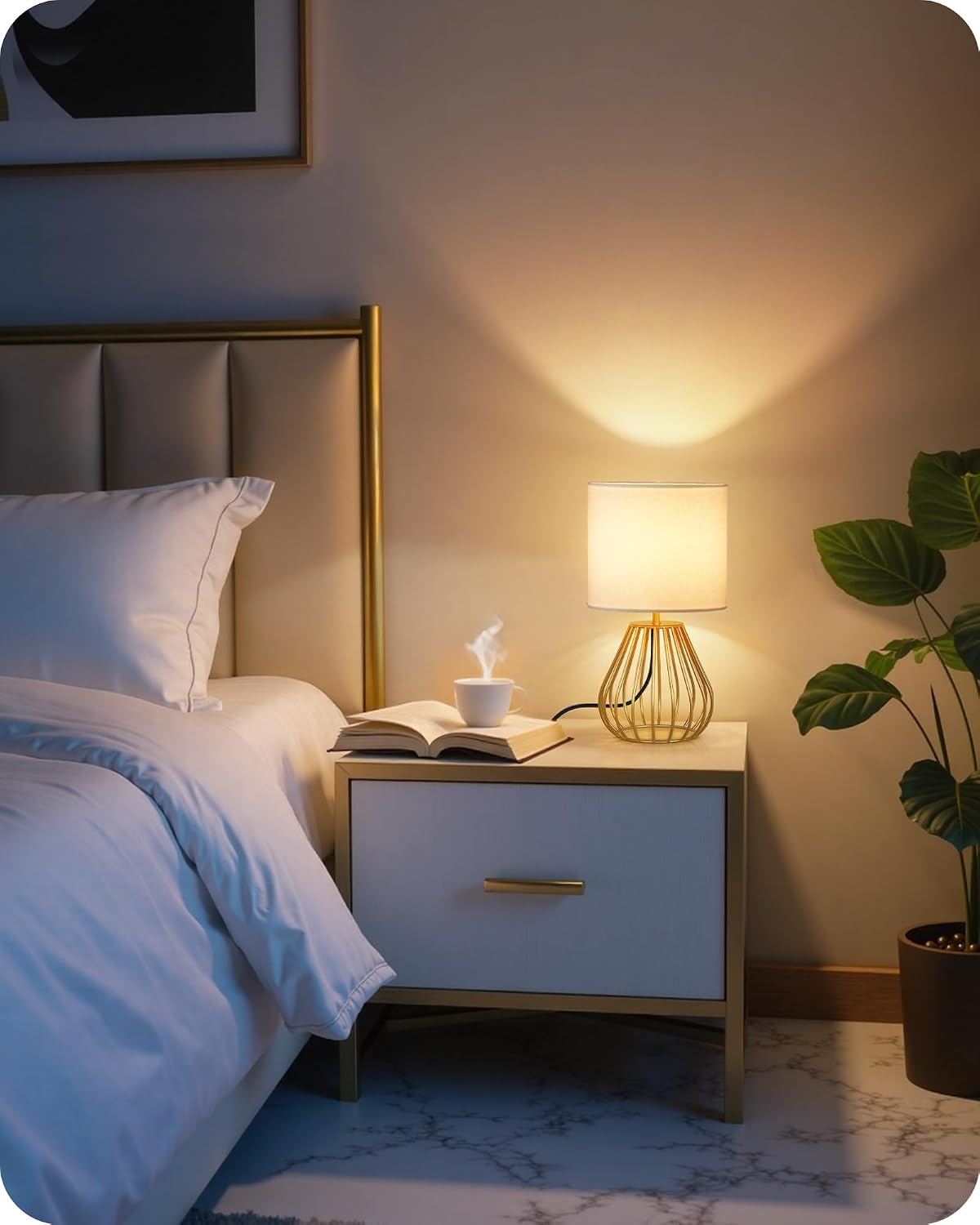 Gold Table Lamp Set of 2, Small Bedside Lamps Set of 2, 2700K LED Bulb Included, Gold Metal Base & White Linen Lampshade, Modern…
