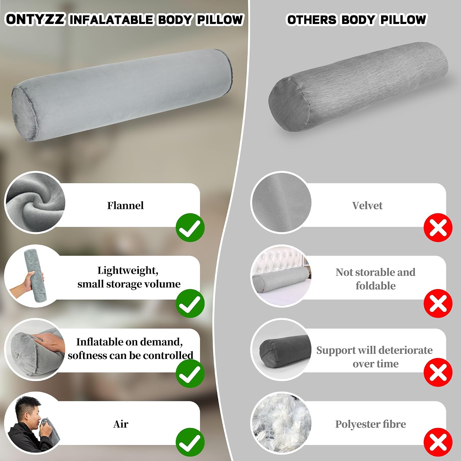 ONTYZZ Inflatable Long Body Pillow, Long Pillow for Bed, Oval Bolster Pillow for Good Sleeping and Back/Neck Support, 1pcs Grey