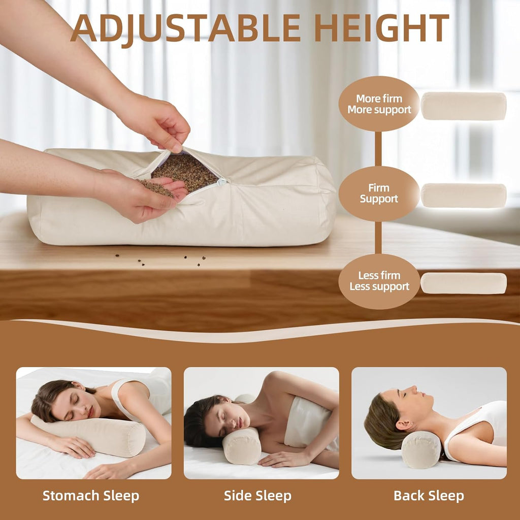 Buckwheat Pillow - Adjustable Buckwheat neck Pillow(17x6) to Provide Firm Support, Neck Roll Pillows for Side and Back Sleepers, Cylinder…