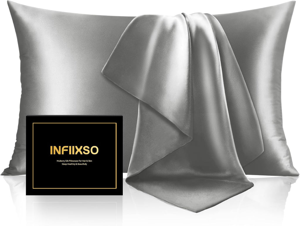 Infiixso Silk Pillow Cases 2 Pack Standard Size, Ultra Smooth & Soft Mulberry Silk Pillow Case for Hair and Skin, Breathable Cooling Silk P…