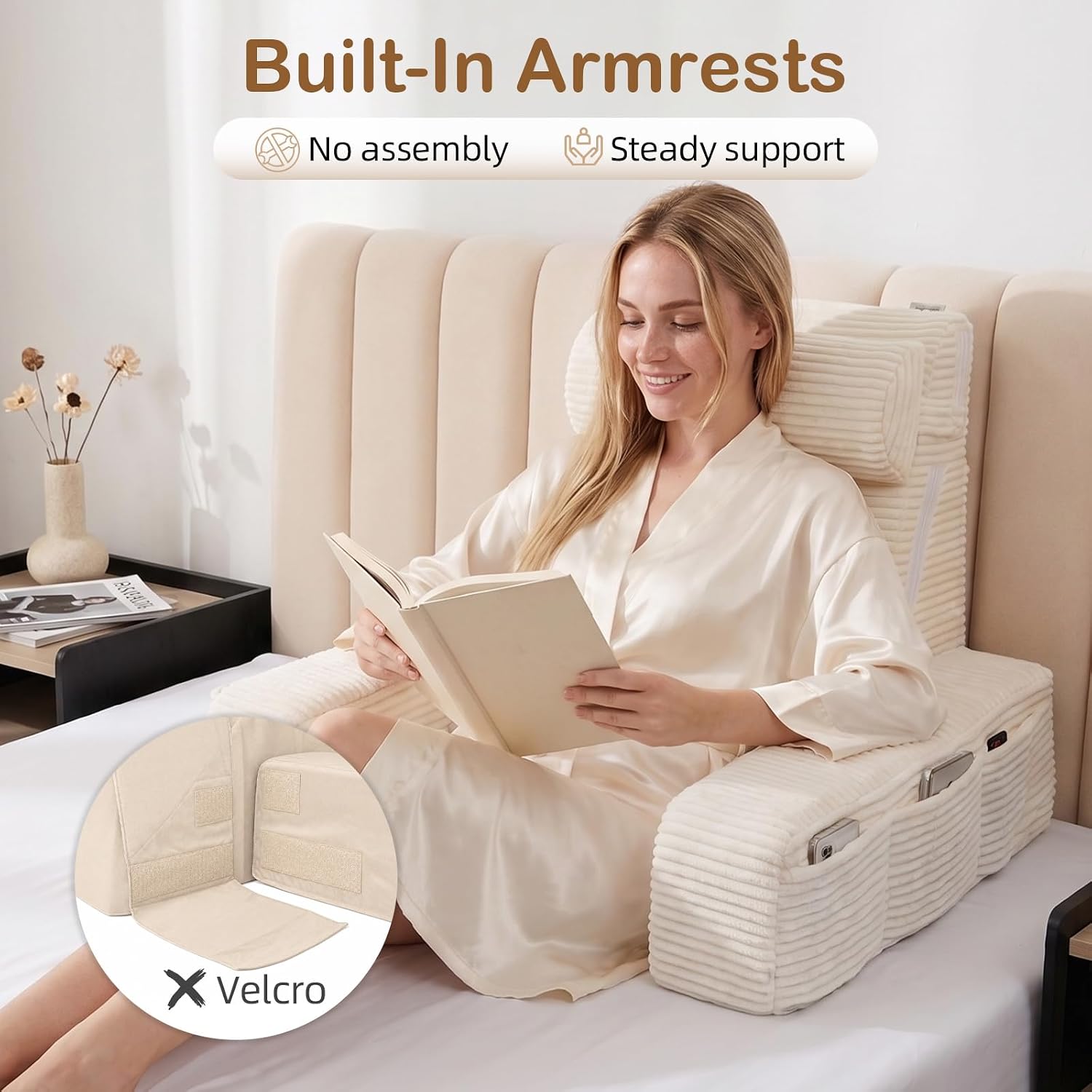 Vekkia 21" Reading Pillow for Bed Sitting Up, Back Support Pillow for Adult with Adjustable Back & Head, 5 Large Pockets, Integrated Arms,…