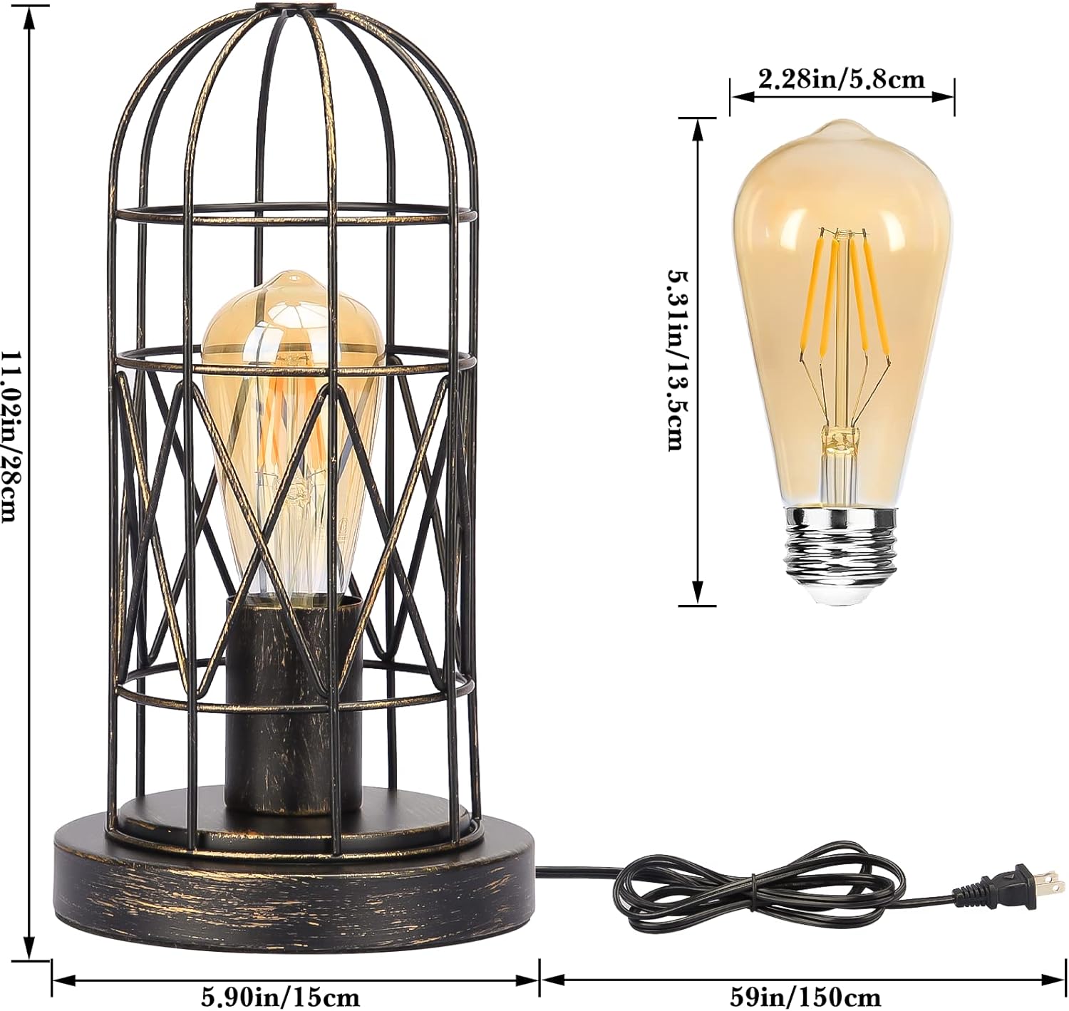 Industrial Table Lamp, Small Touch Lamp with Rustic Cage Vintage Bedside Lamp 3 Way Dimmable Nightstand Lamp Edison Desk Lamp for…