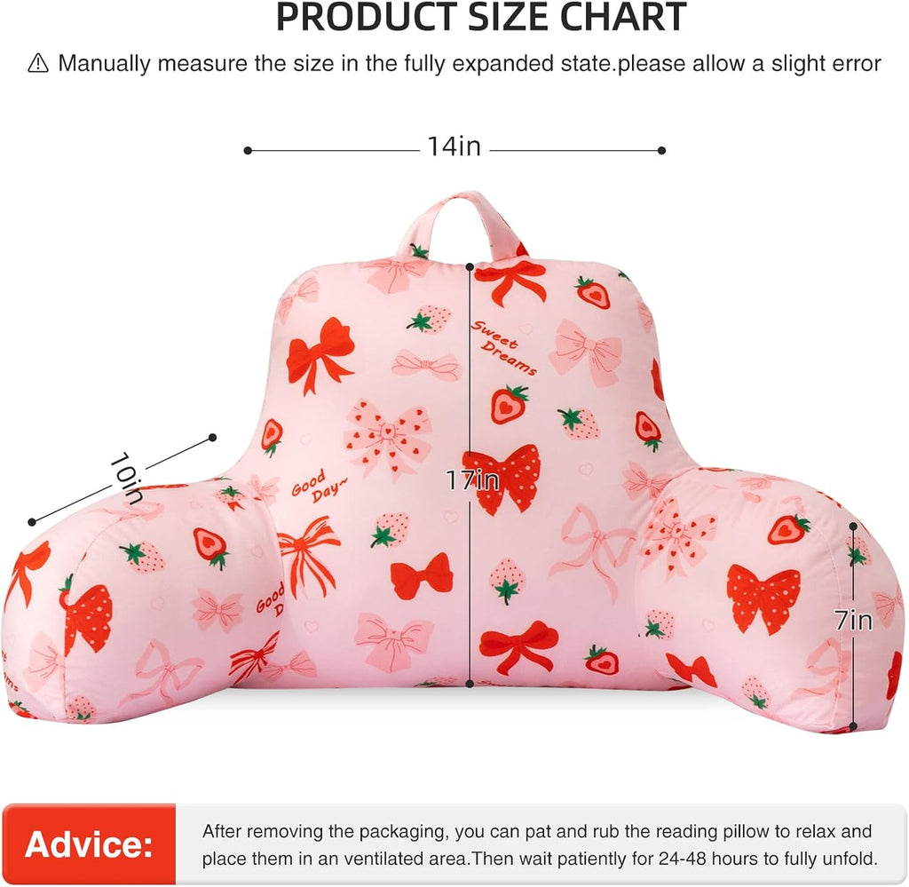 Aimuan Reading Pillow Bed Rest Wedge Backrest Pillow Red Bow Cute Ribbon Bowknot Printed Collections with Arms Sitting in Bed Blush