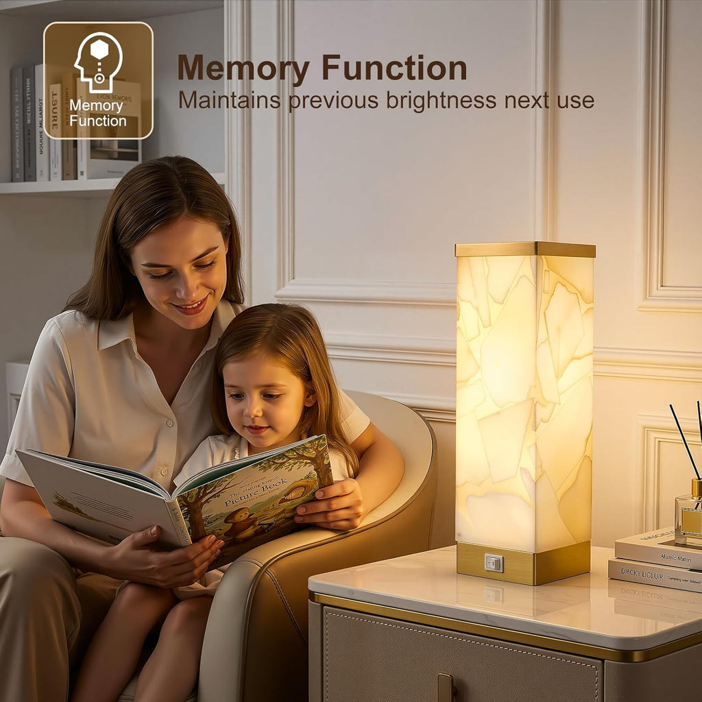 Scenekoy Alabaster Table Lamp for Bedroom Living Room, 3-Way Dimmable Bulb with Memory Function, Modern Bedside Lamps with USB A+C Ports…