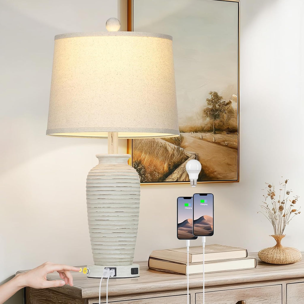 CINSARY 25" Retro White Farmhouse Jar Table Lamps for Living Room, 3 Way Touch Control Rustic Bedside Lamps with USB A+C Ports & AC…