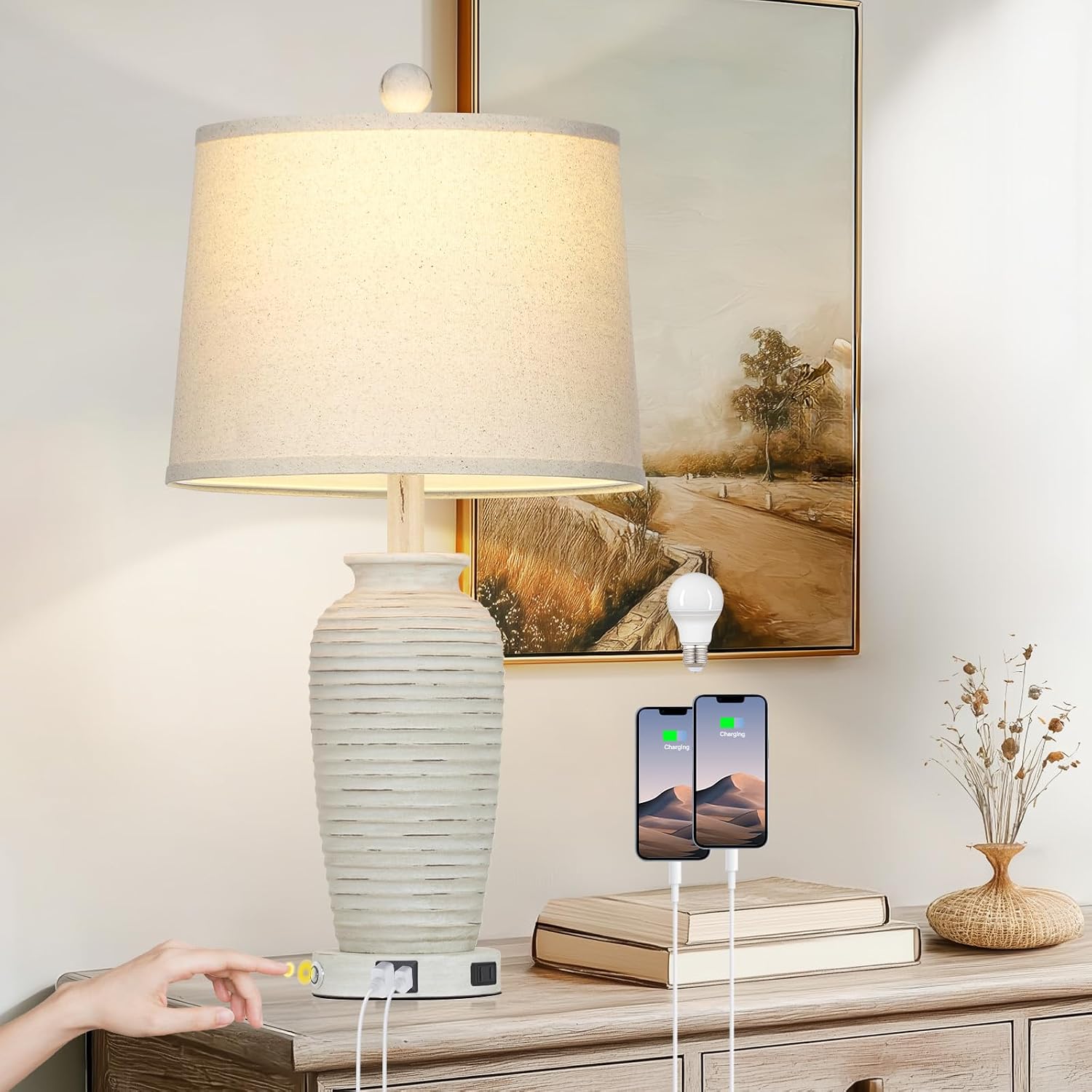 CINSARY 25" Retro White Farmhouse Jar Table Lamps for Living Room, 3 Way Touch Control Rustic Bedside Lamps with USB A+C Ports & AC…