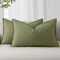 decorUhome Summer Decorative Linen Throw Pillow Covers 12x20 Inch Set of 2 Olive Green Lumbar Pillow Covers with Flange Edges Soft Farmhous…