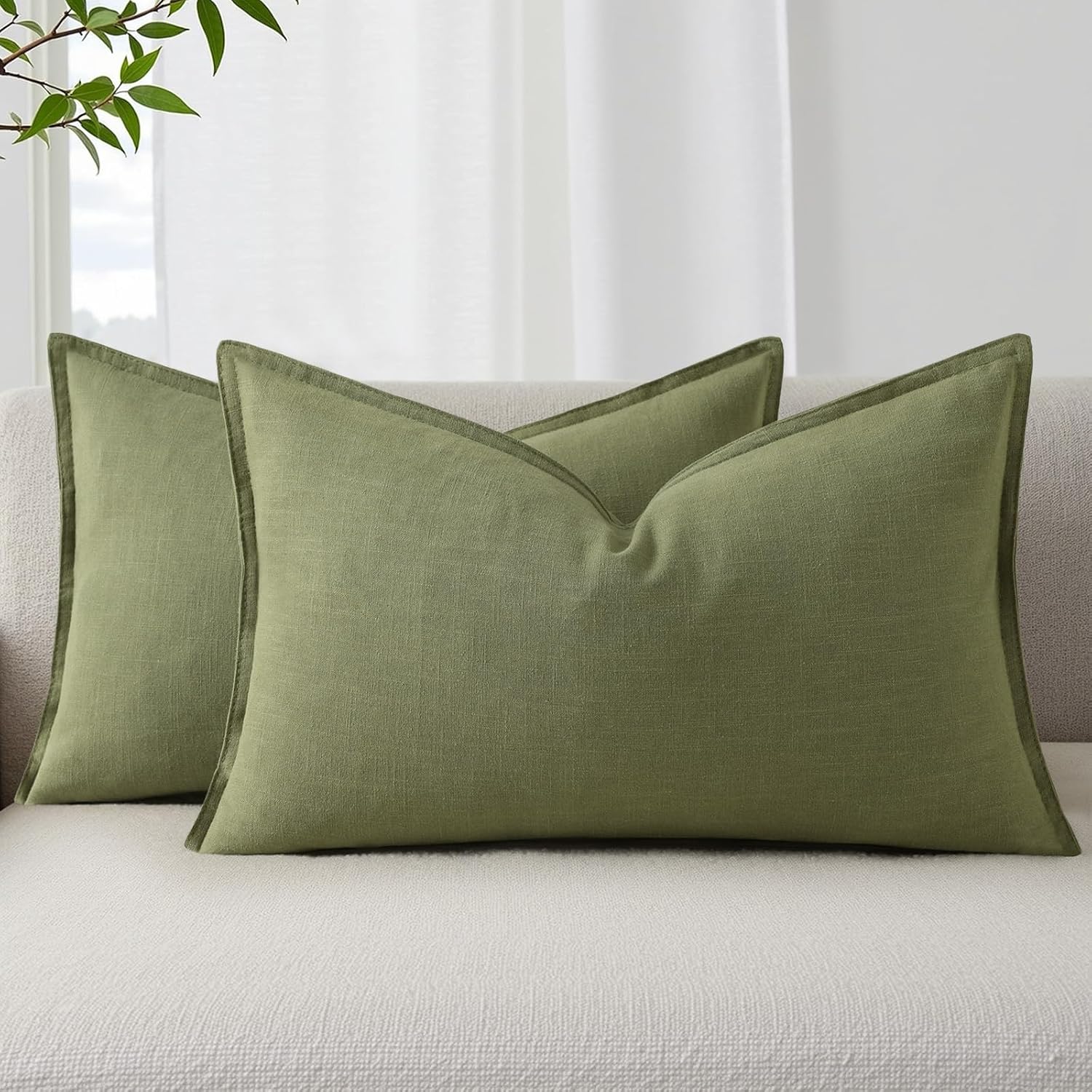 decorUhome Summer Decorative Linen Throw Pillow Covers 12x20 Inch Set of 2 Olive Green Lumbar Pillow Covers with Flange Edges Soft Farmhous…