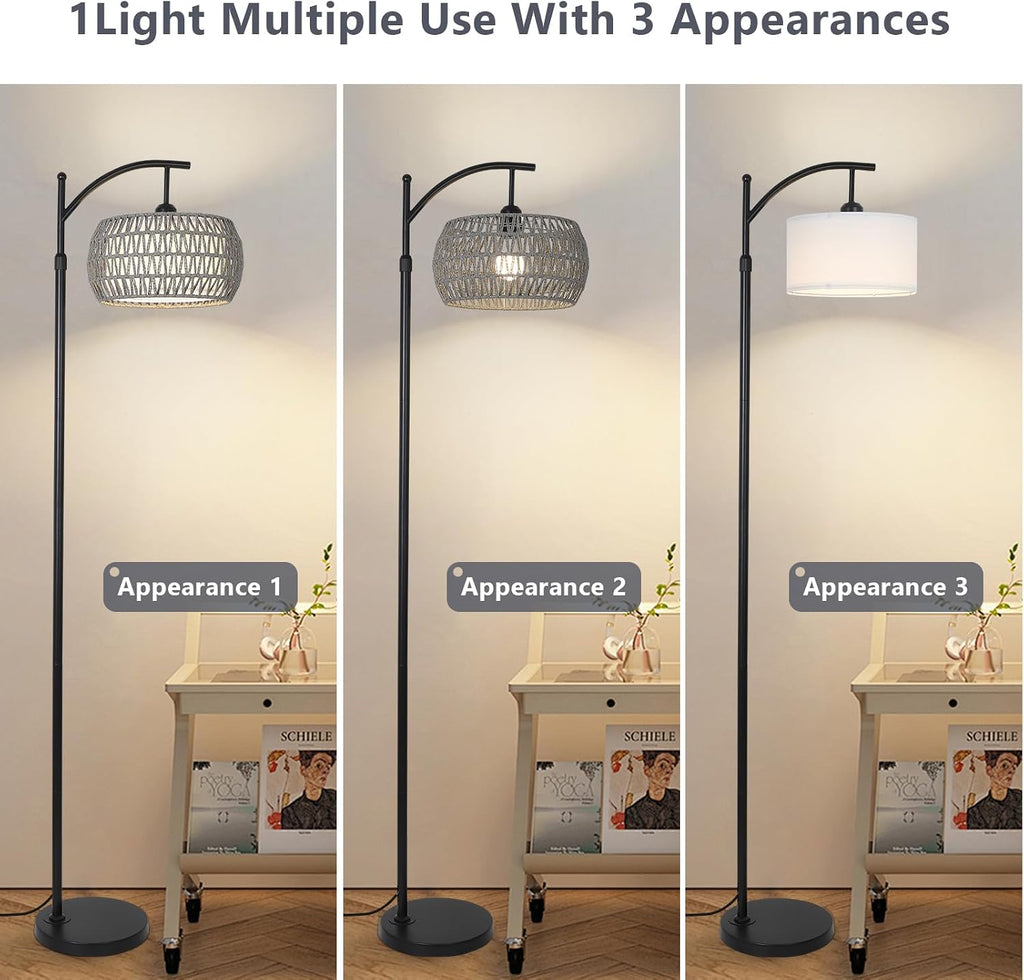 Arc Floor Lamp for Bedroom, Boho Standing Lamp with Remote & LED Smart Bulb, Rattan Floor Lamps for Living Room with 3 Color…