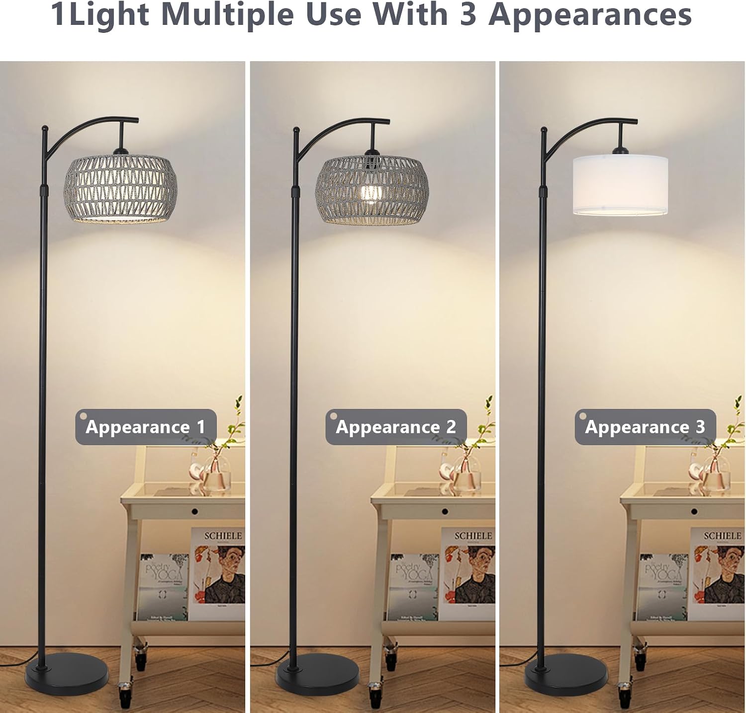 Arc Floor Lamp for Bedroom, Boho Standing Lamp with Remote & LED Smart Bulb, Rattan Floor Lamps for Living Room with 3 Color…
