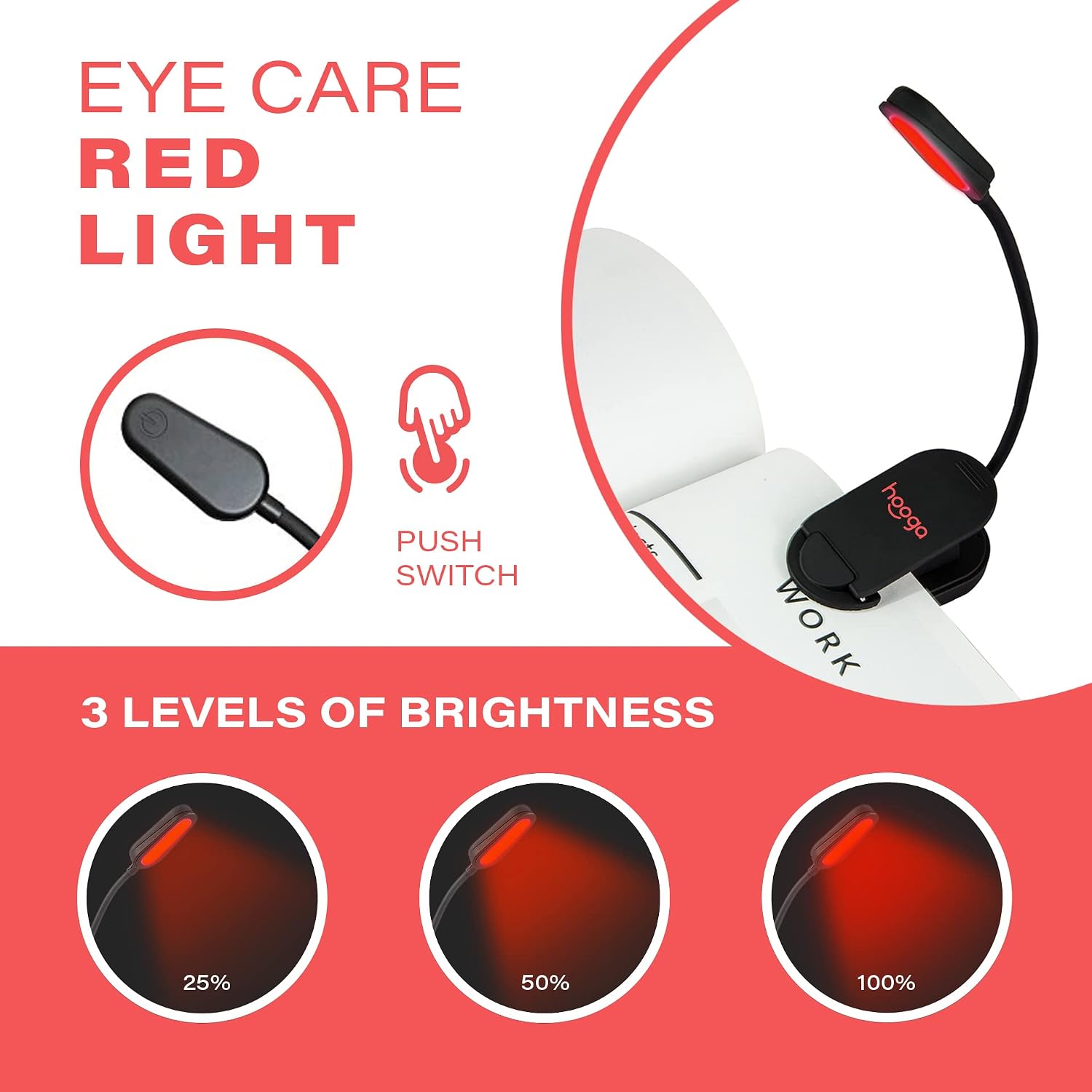 Hooga Red Book Light, Rechargeable Clip On 625nm LED Light for Reading in Bed. No Blue Light Emitted, Eye comfort Light for Strain-Free…