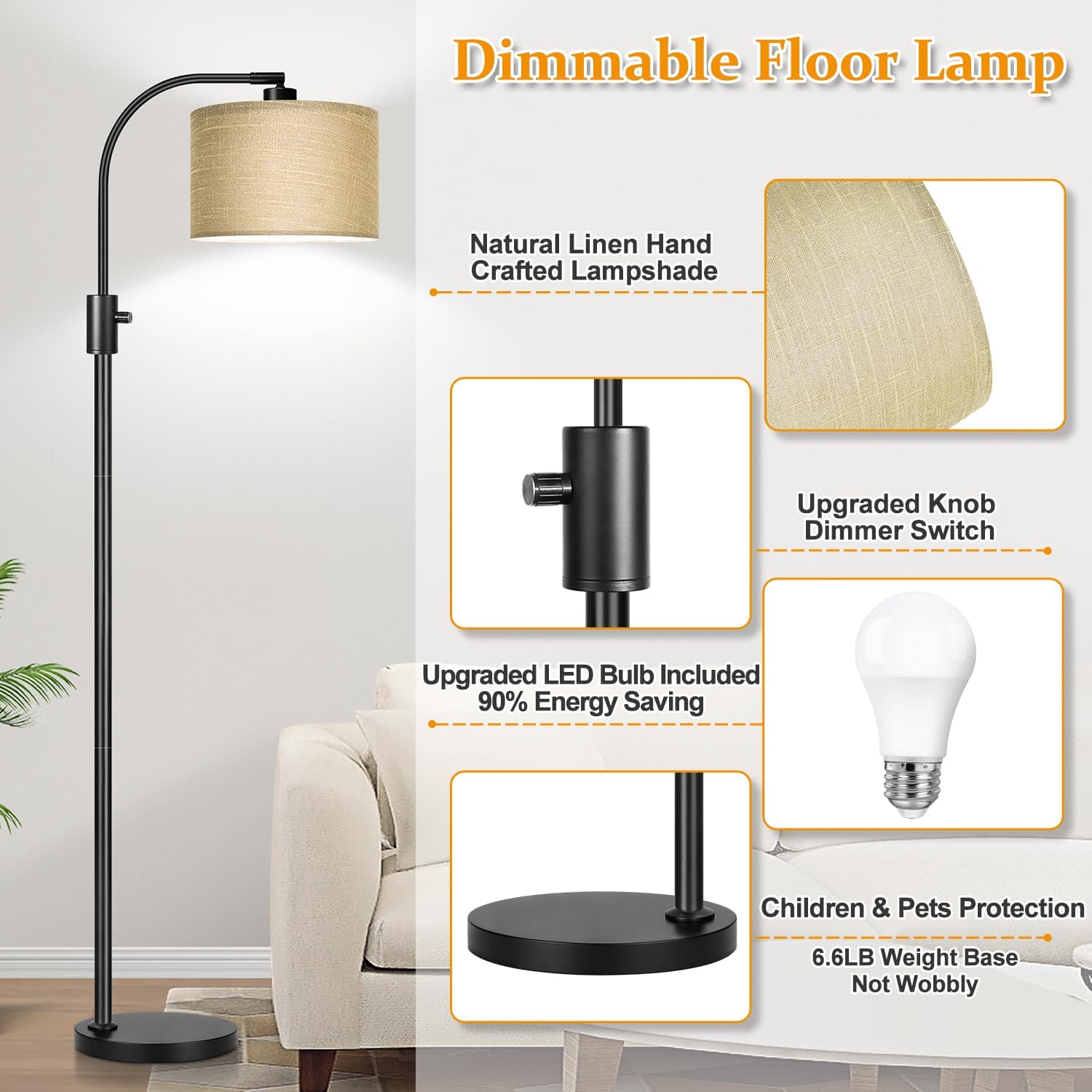 Nintiue Upgraded Modern Arc Dimmable Tall Standing Floor Lamp with Champagne Shade, 1200 Lumens LED Bulb Included, for Living & Reading…