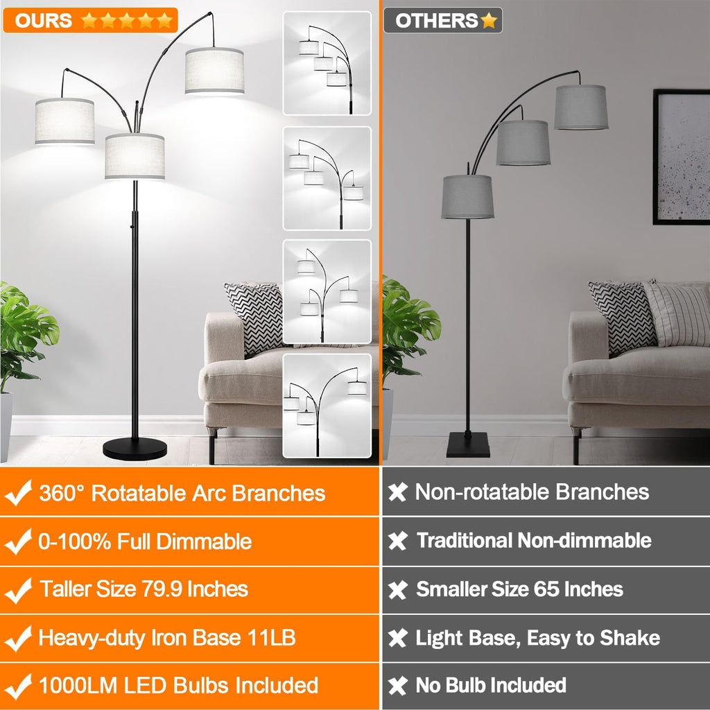 Dimmable Floor Lamp, 3 Lights Black Arc Floor Lamp, Modern Tall Standing Tree Lamp with Grey Linen Shades & Heavy Base, 3000LM LED Bulbs…