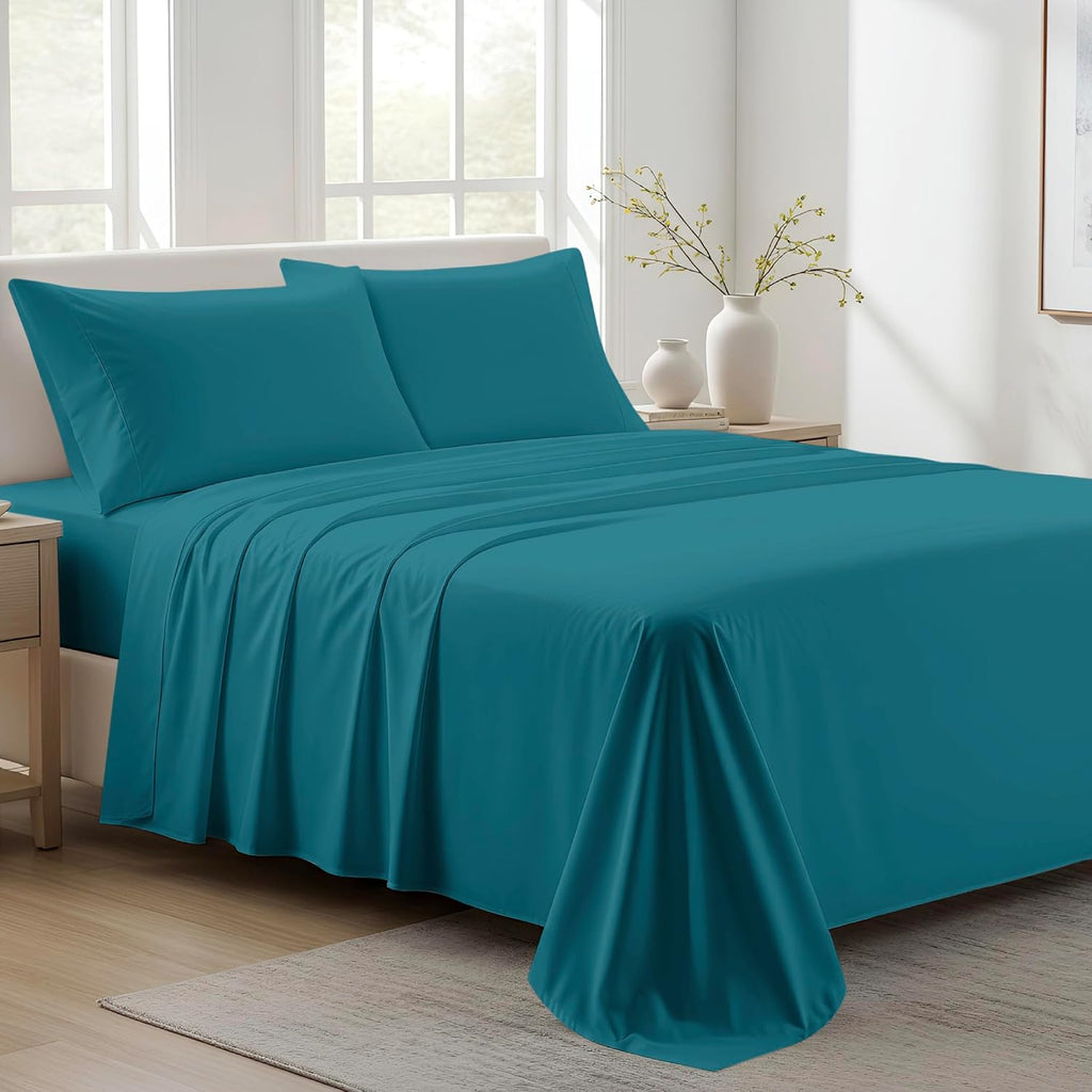 AshtonSheets 100% Organic Cotton Sheets California King Size - Organic Cotton Cal King Size Percale Weave Sheet Set (4 PC, Teal), Soft, Coo…