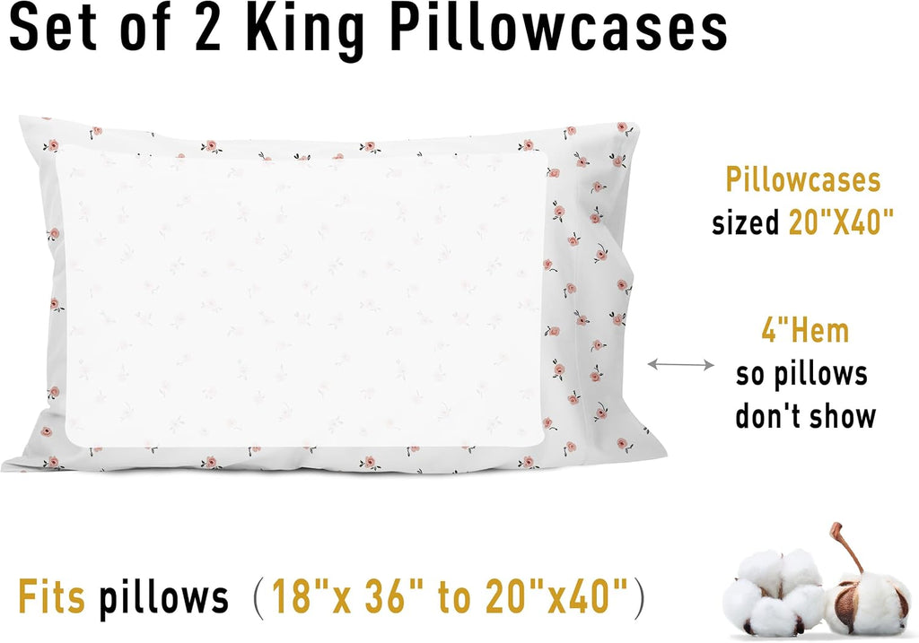 Sunflower King Pillowcases Set of 2, 100% Cotton King Size Pillow Cases 2, 20×40 inches Pink Posy, Soft and Breathable