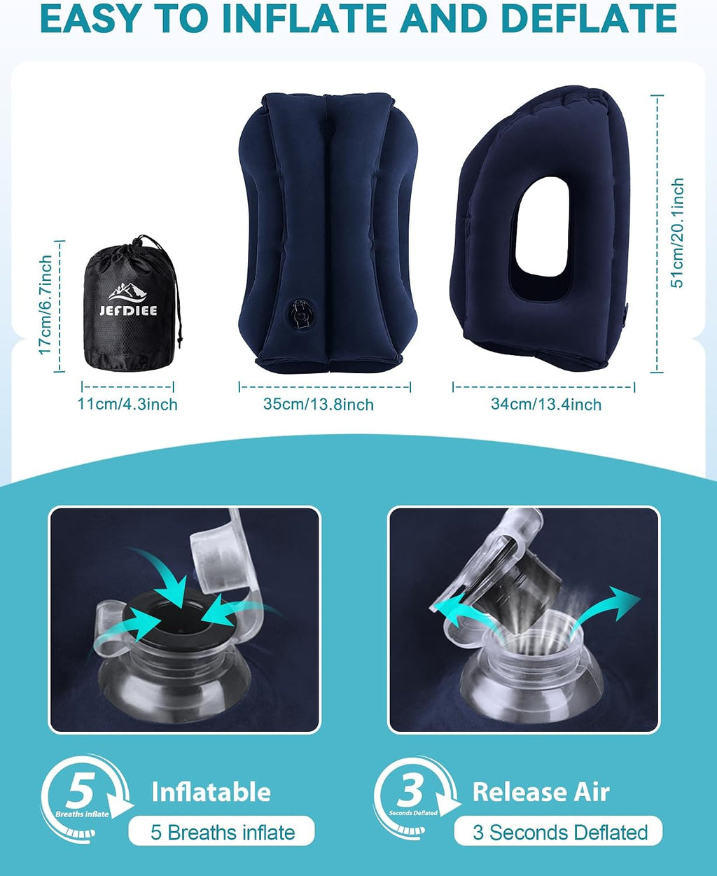 Travel Pillow, Inflatable Airplane Pillow for Sleeping Comfortably Supports Head and Chin for Airplane, Car, Bus and Office