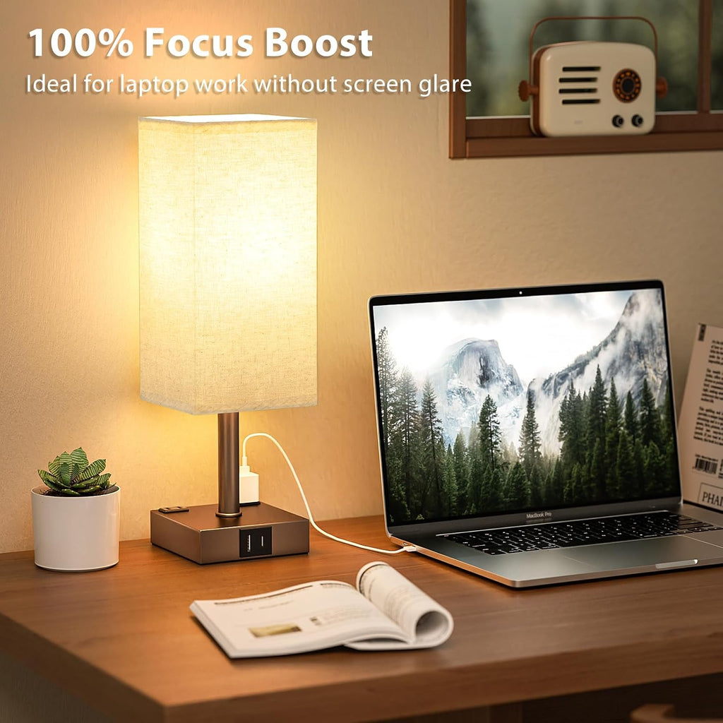 aooshine Brown Base Touch Lamps Set of 2 - Nightstand Lamp with USB-C + A Charge Ports & AC Outlets, 3-Way Dimmable Bedside Lamp, Small…