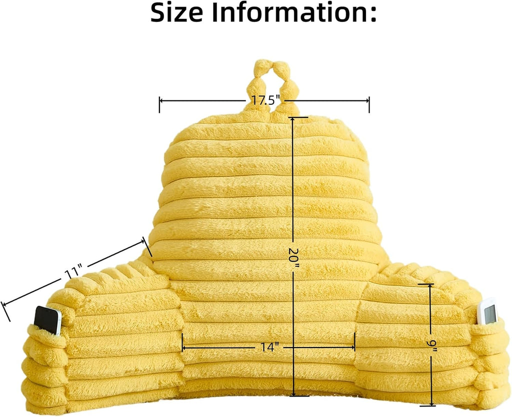 Memfydu Faux Fur Fluffy Yellow Reading Pillow with Pockets, Luxury Striped Plush Decorative, Arm Rests and Back Support for Bed Rest, Loung…