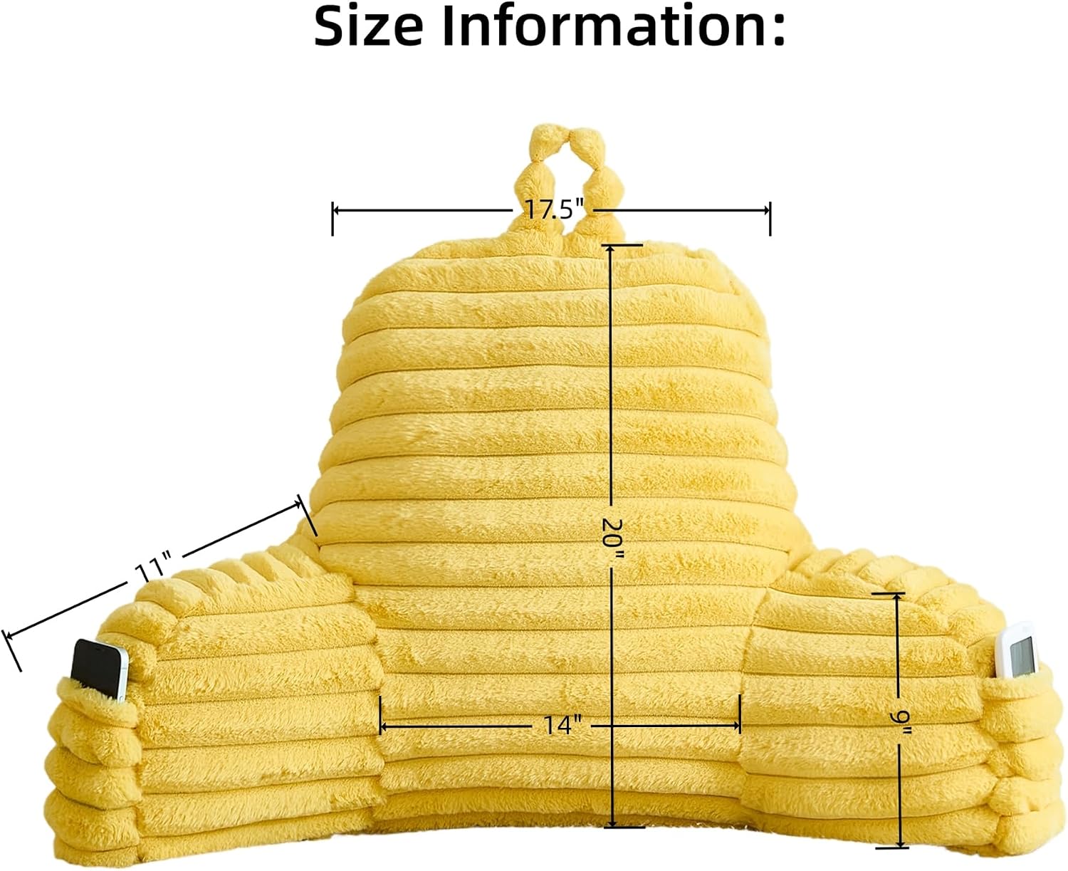 Memfydu Faux Fur Fluffy Yellow Reading Pillow with Pockets, Luxury Striped Plush Decorative, Arm Rests and Back Support for Bed Rest, Loung…
