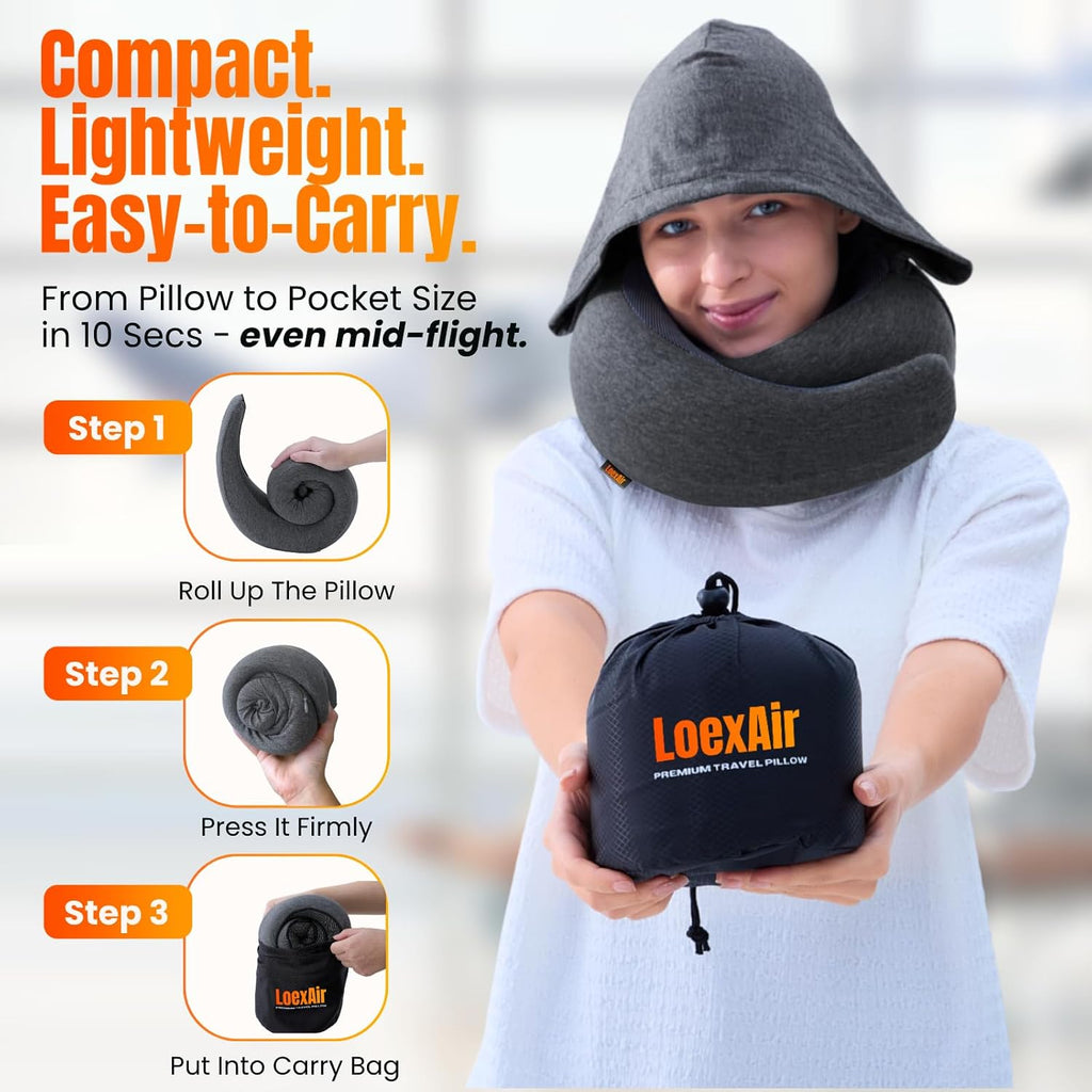 LOEXAIRTM Hooded Pro Travel Pillow - Memory Foam Neck Support Pillow for Airplane, Flight - Super-Soft Pure Cotton Fabric, Maximum Privacy…