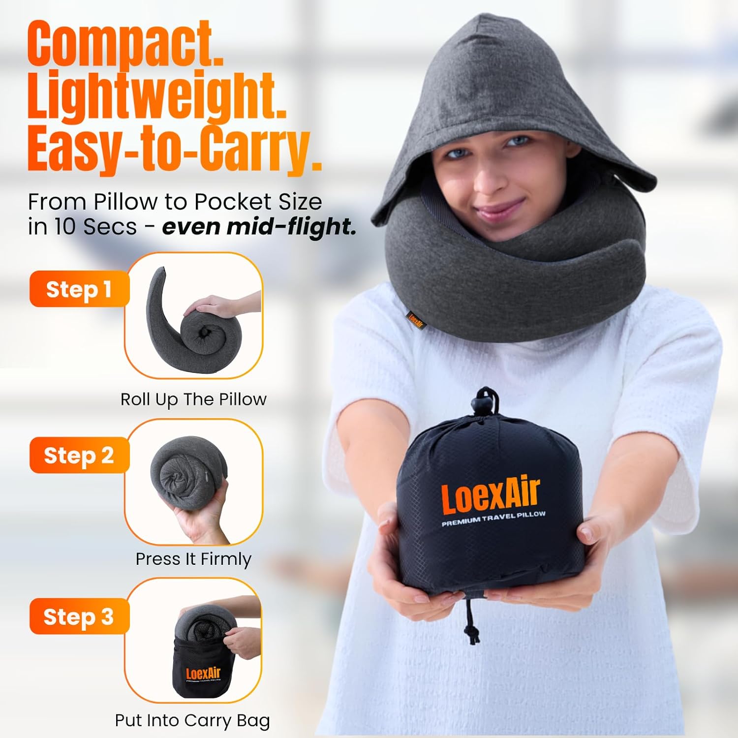 LOEXAIRTM Hooded Pro Travel Pillow - Memory Foam Neck Support Pillow for Airplane, Flight - Super-Soft Pure Cotton Fabric, Maximum Privacy…