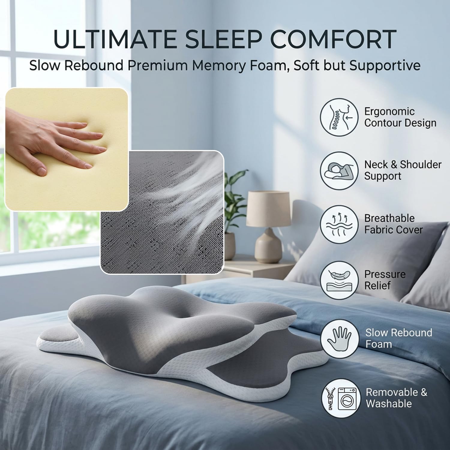 Esup Ergonomic Cervical Neck Pillow for, Adjustable Height Contour Memory Foam Orthopedic Bed Pillow for Sleeping, Ideal for Side, Back, a…
