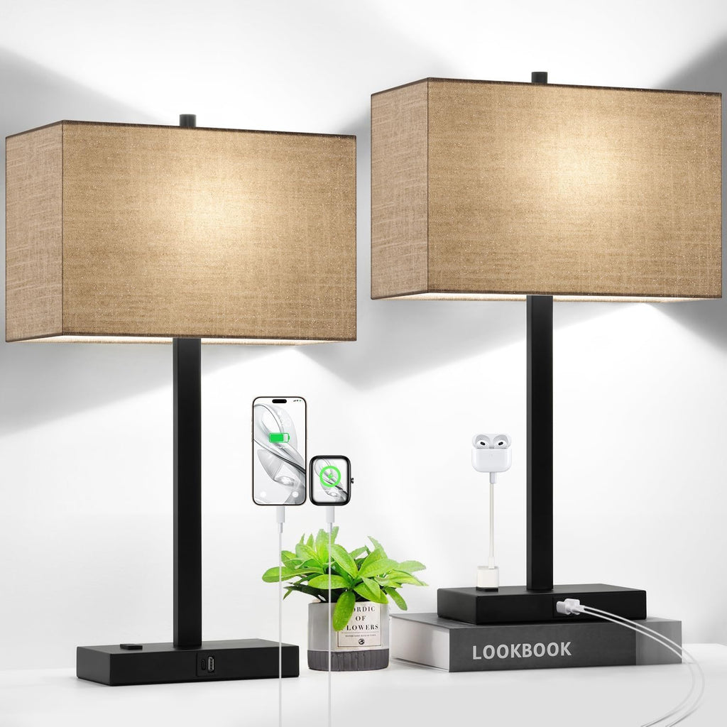 21" Set of 2 Table lamp with USB A+C & AC Outlets, Touch Control 3-Way Dimmable Nightstand Lamps for Bedroom Living Room Office Reading…
