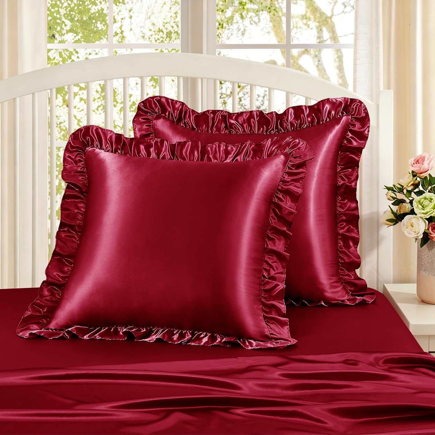 Homiest Ruffle Euro Sham Covers 26x26 Inch Set of 2, Burgundy Satin Pillow Shams with 3 Inch Wide Decorative Ruffled, European Square…