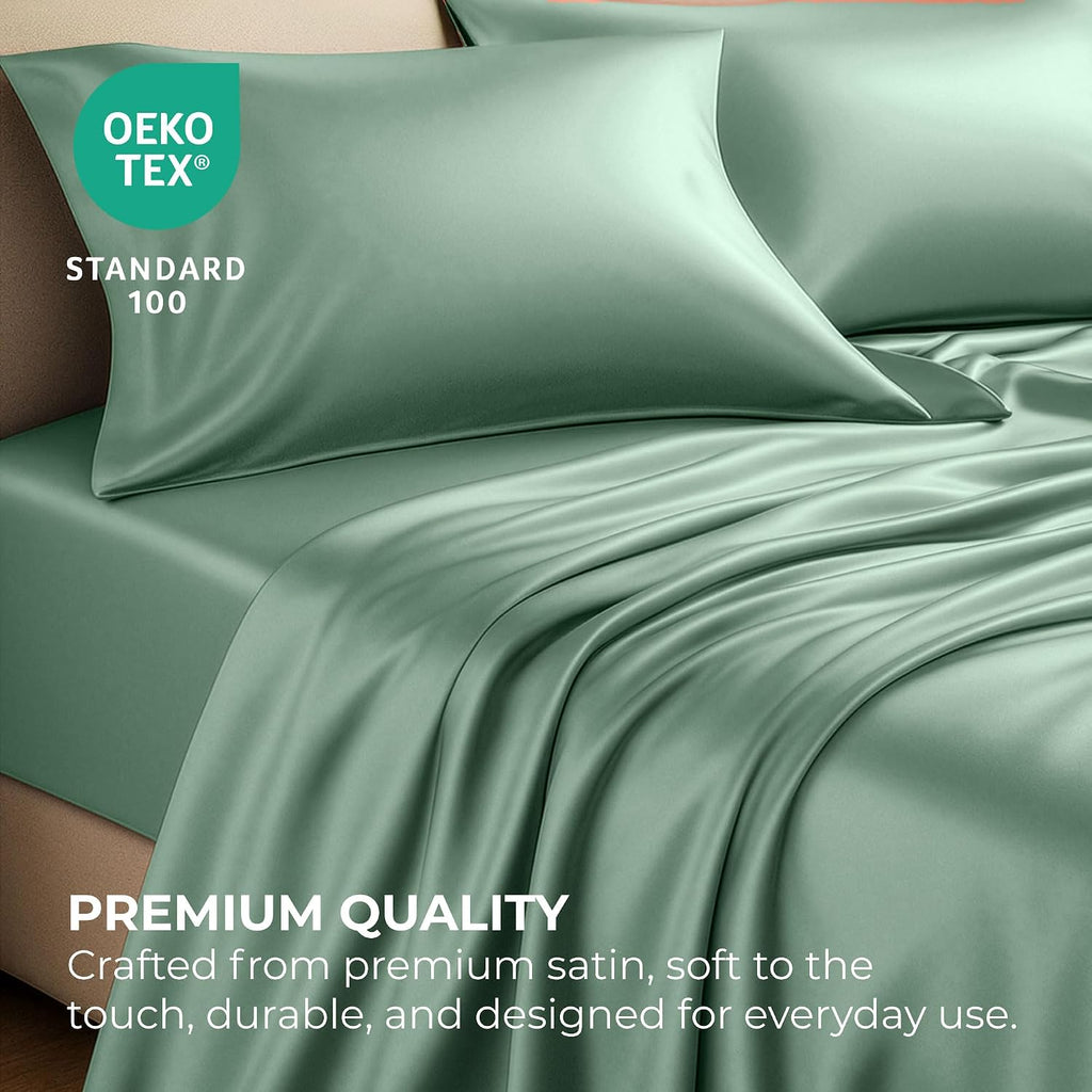 PureBedding Satin Sheets King [4-Piece, Champagne Green] Hotel Luxury Silky Bed Sheets - Extra Soft 1800 Microfiber Sheet Set, Wrinkle, Fad…