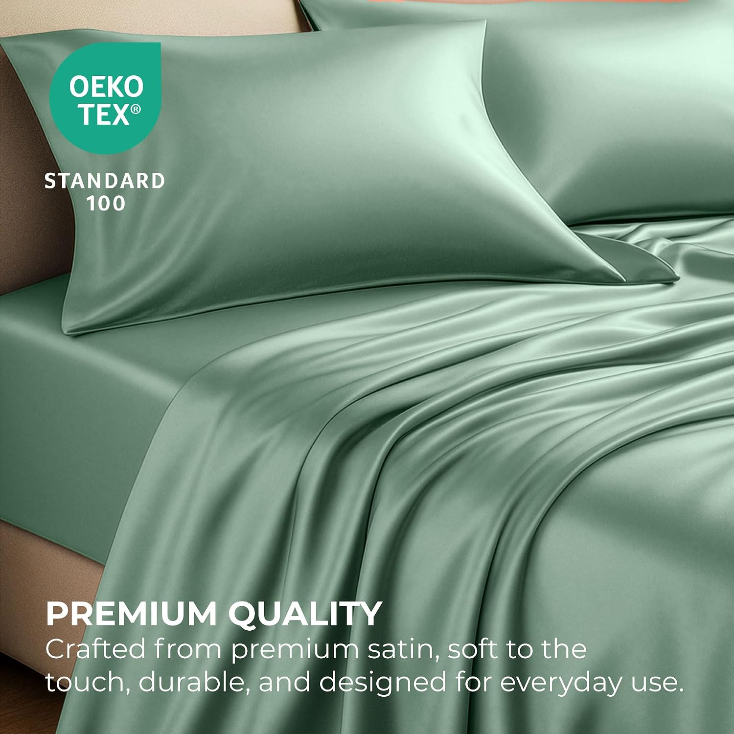 PureBedding Satin Sheets King [4-Piece, Champagne Green] Hotel Luxury Silky Bed Sheets - Extra Soft 1800 Microfiber Sheet Set, Wrinkle, Fad…