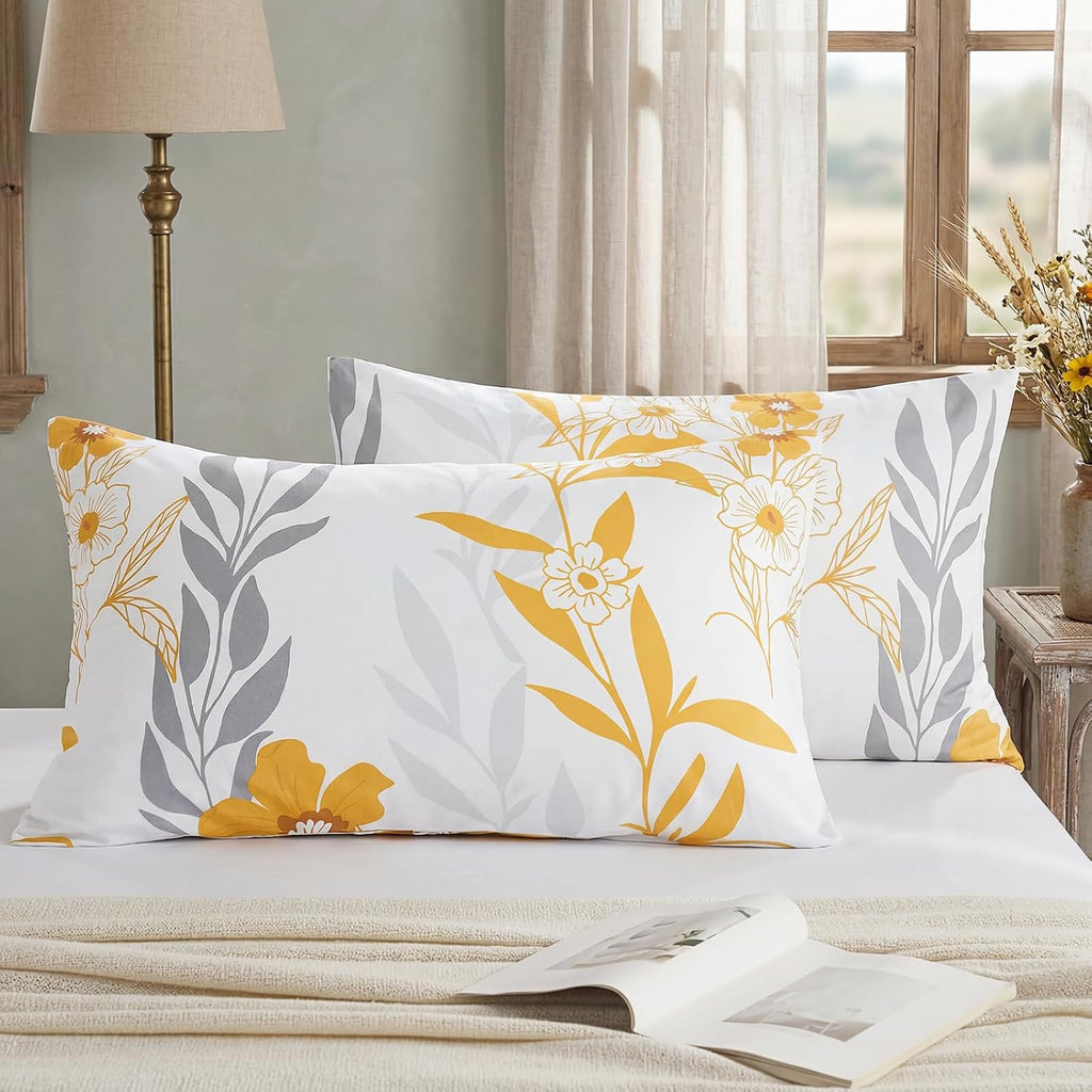 Bedorm 100% Cotton Pillowcases Standard Size Set of 2 Yellow Floral Pillow Covers Flower Leaf Botanical Print Decorative Pillow Cases with…