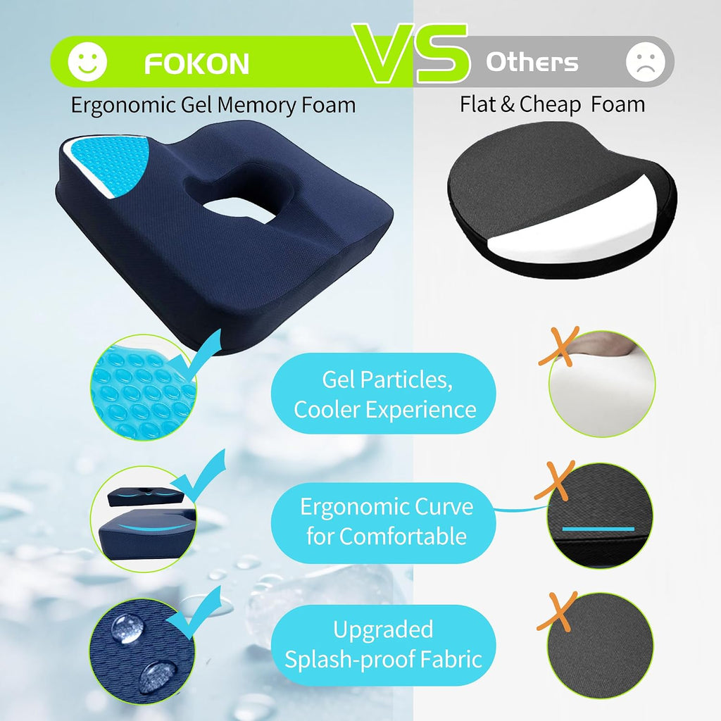 FoKon Gel & Memory Foam Wheelchair Seat Cushion, Donut Pillow for Tailbone, Bed Sore Cushions for Butt, Pressure Relief, Sciatica, Coccyx, hemor…