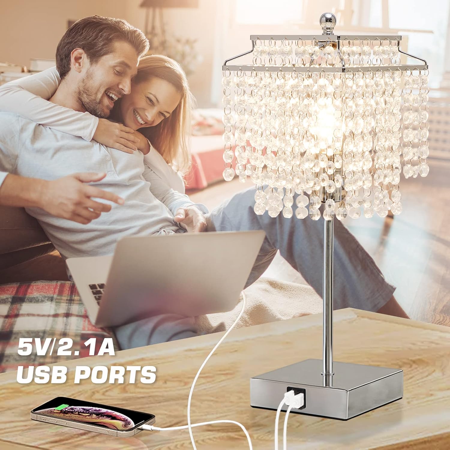 Luvkczc Crystal Table Lamp with Touch Control Set of 2, USB Bedside Table Lamp with USB C+A Ports, Dimmable Lamp with Crystal Shade for…