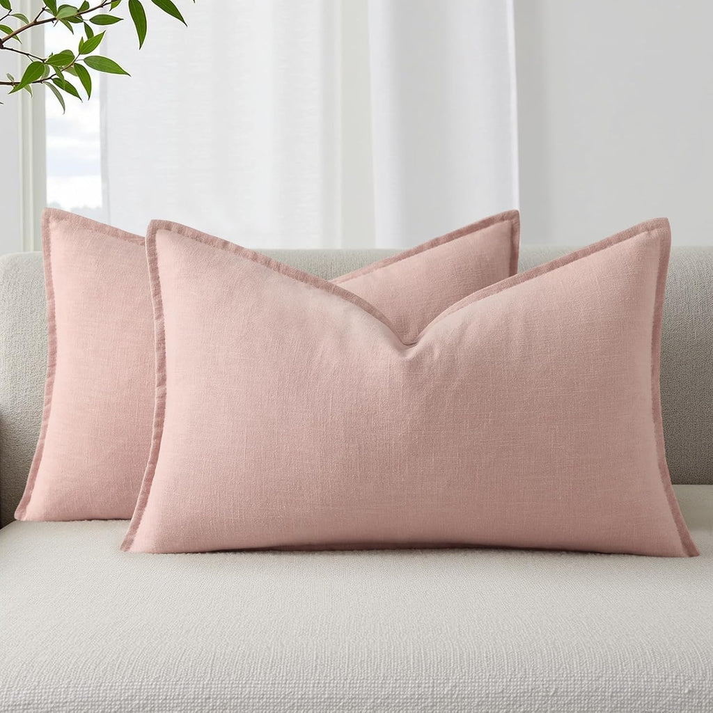 decorUhome Summer Decorative Linen Throw Pillow Covers 12x20 Inch Set of 2 Pink Lumbar Pillow Covers with Flange Edges Soft Farmhouse Boho…
